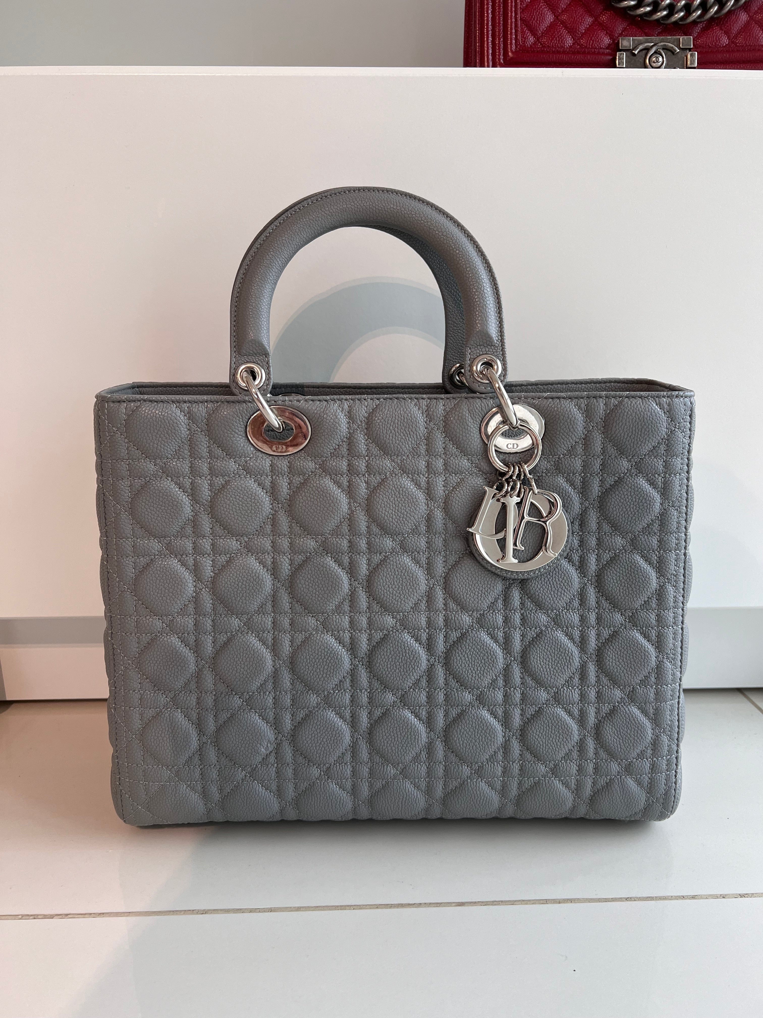 Christian Dior Lady Dior Large Dark Grey Calfskin PHW (No Strap) SYCM123