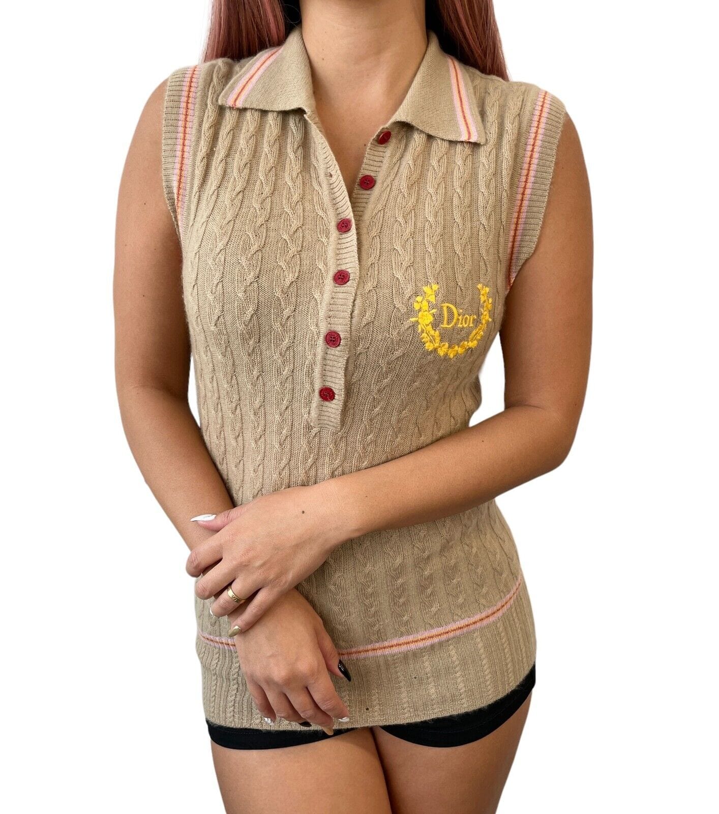 Christian Dior / Dior Christian Dior Vintage Logo Knit Polo Shirt #40 Beige Cashmere Button