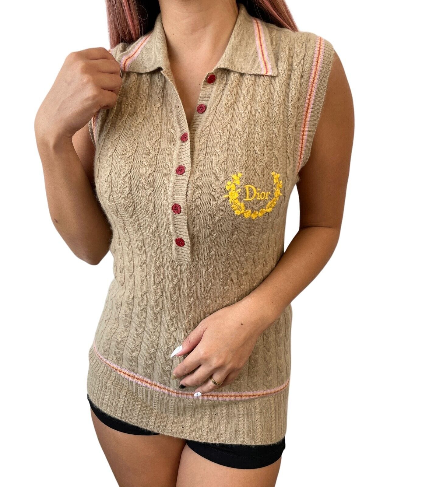 Christian Dior / Dior Christian Dior Vintage Logo Knit Polo Shirt #40 Beige Cashmere Button