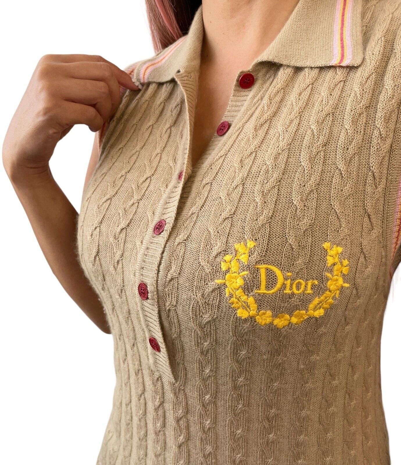 Christian Dior / Dior Christian Dior Vintage Logo Knit Polo Shirt #40 Beige Cashmere Button