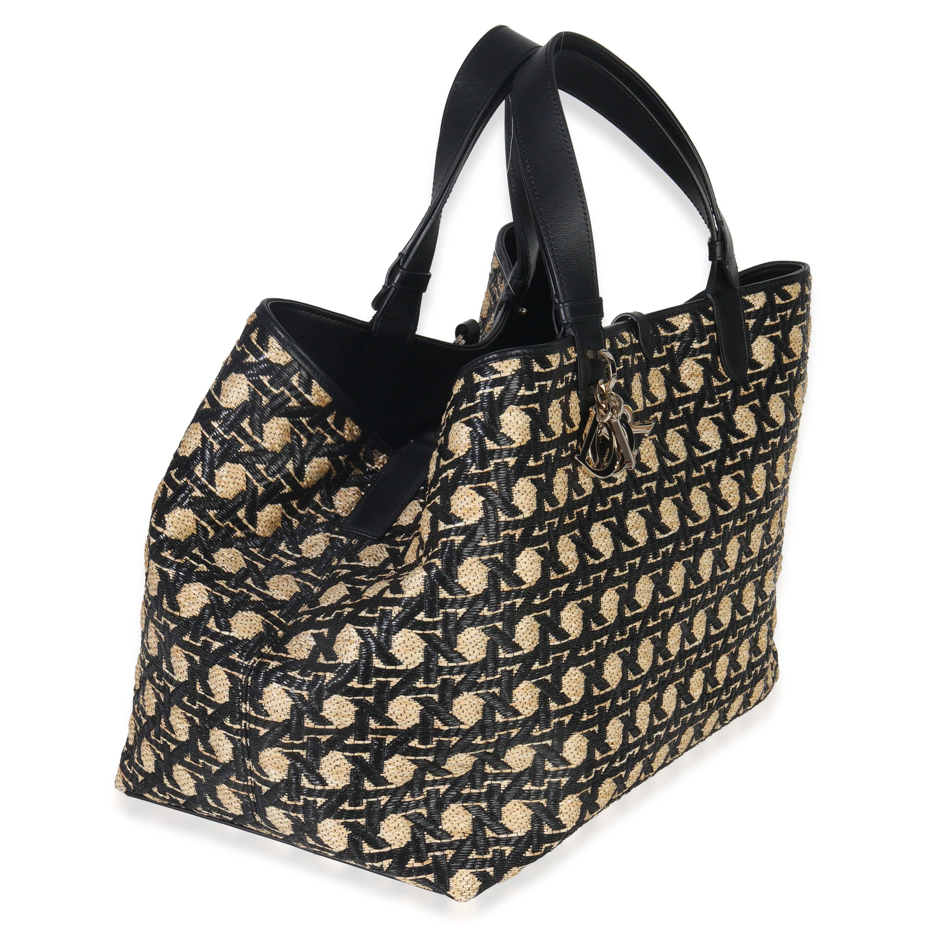 Christian Dior Beige Black Graphic Cannage Raffia Large Toujours