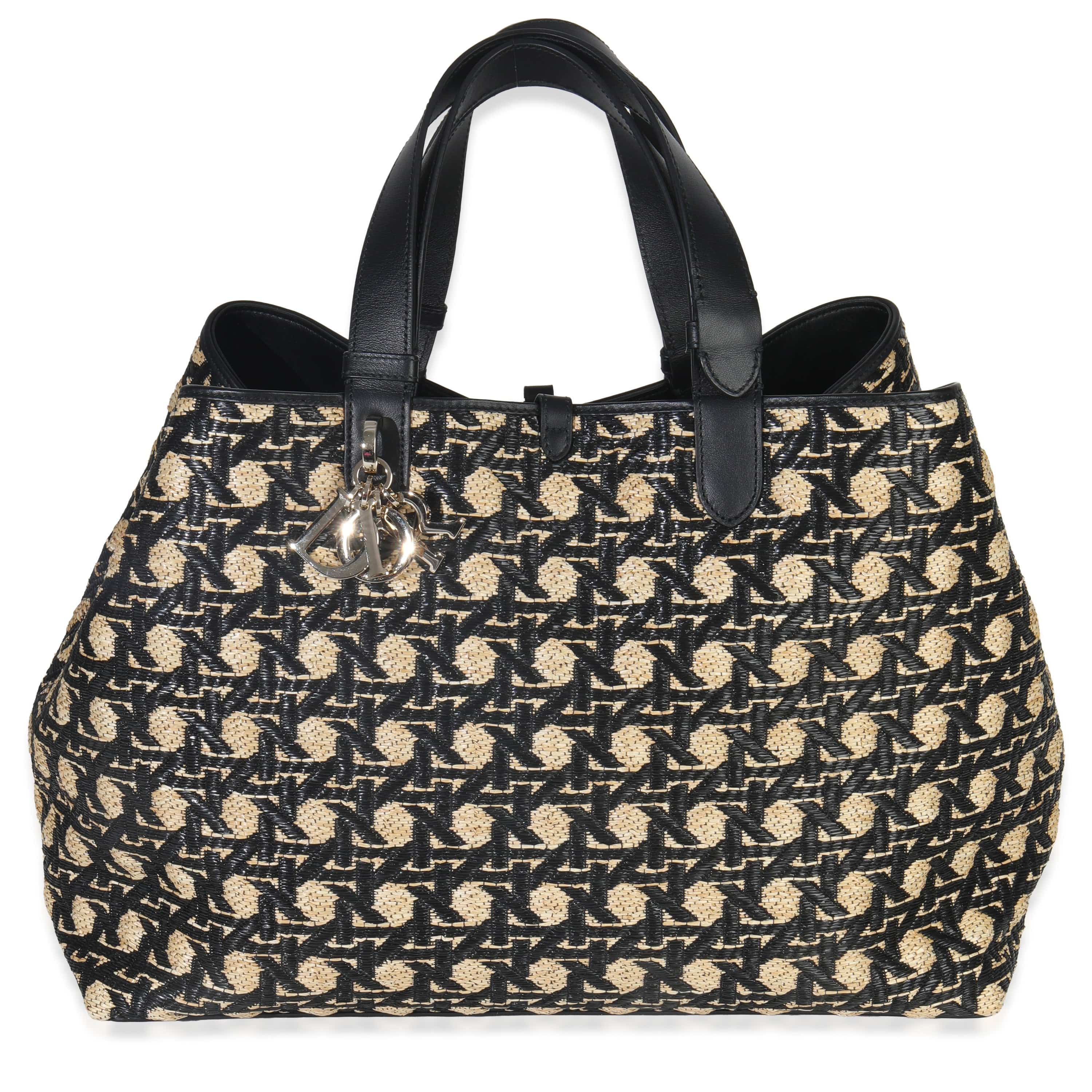 Christian Dior Beige Black Graphic Cannage Raffia Large Toujours