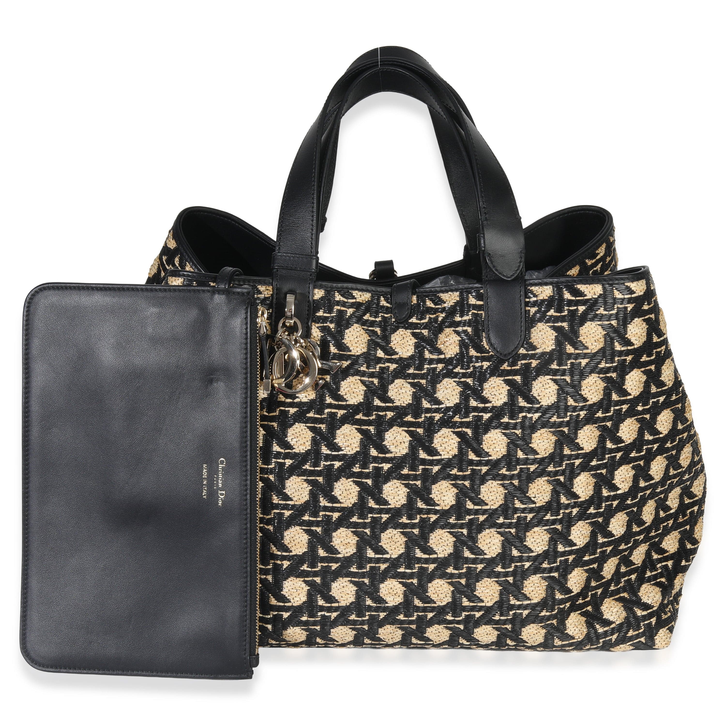 Christian Dior Beige Black Graphic Cannage Raffia Large Toujours