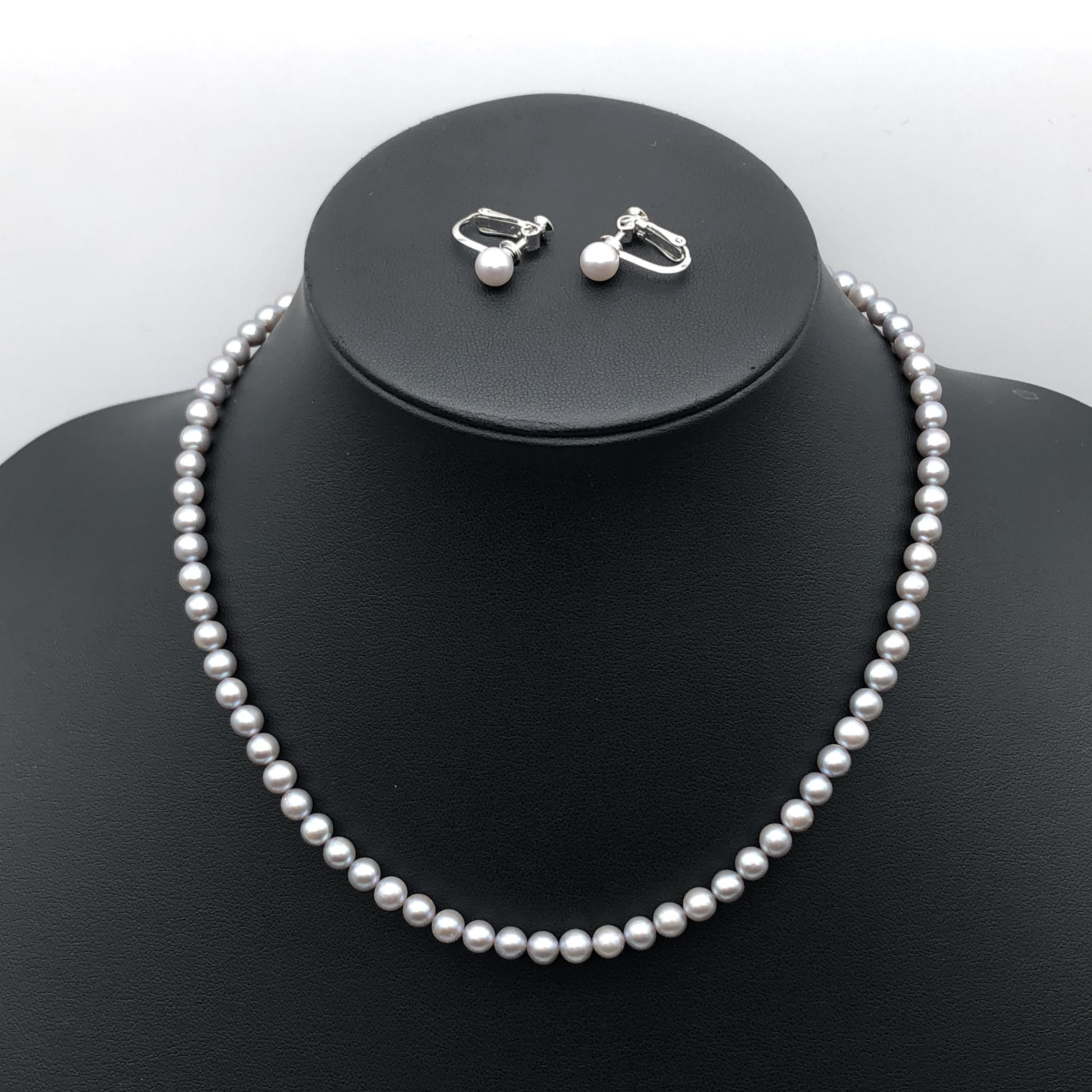 Custom Jewelry Custom Jewelry Pearl String Necklace & Pearl Earrings Set, P(5.0~5.5mm)/P(6.2mm), SV, 17.8g/2.4g, 15inch C366307