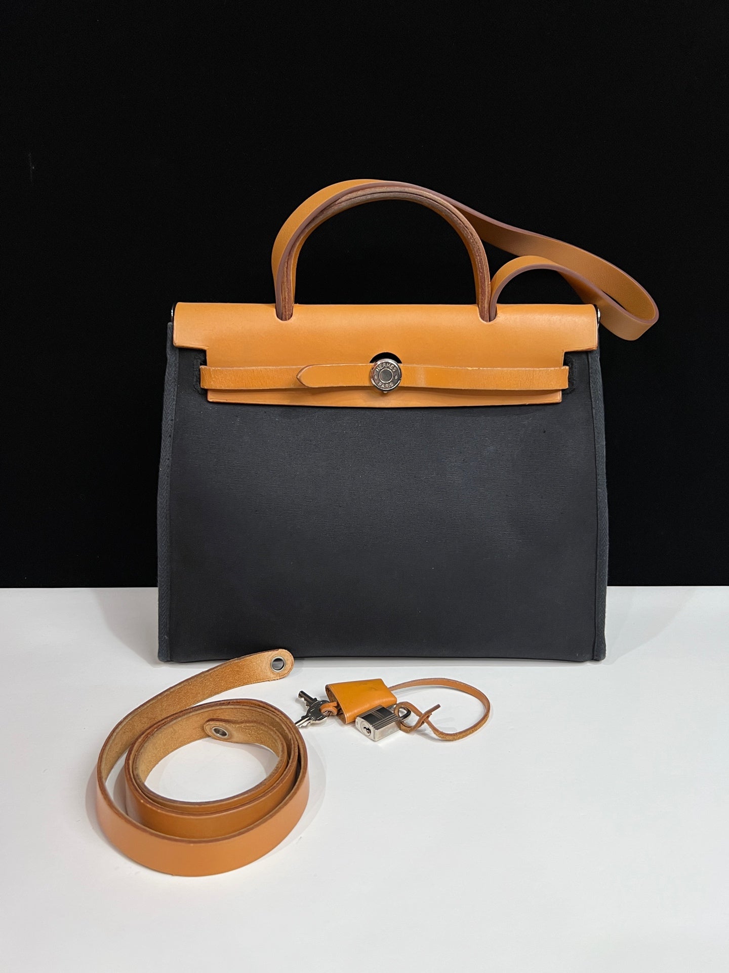 Hermès Herbag 31 Black Canvas Tan Leather Palladium Hardware G Stamp