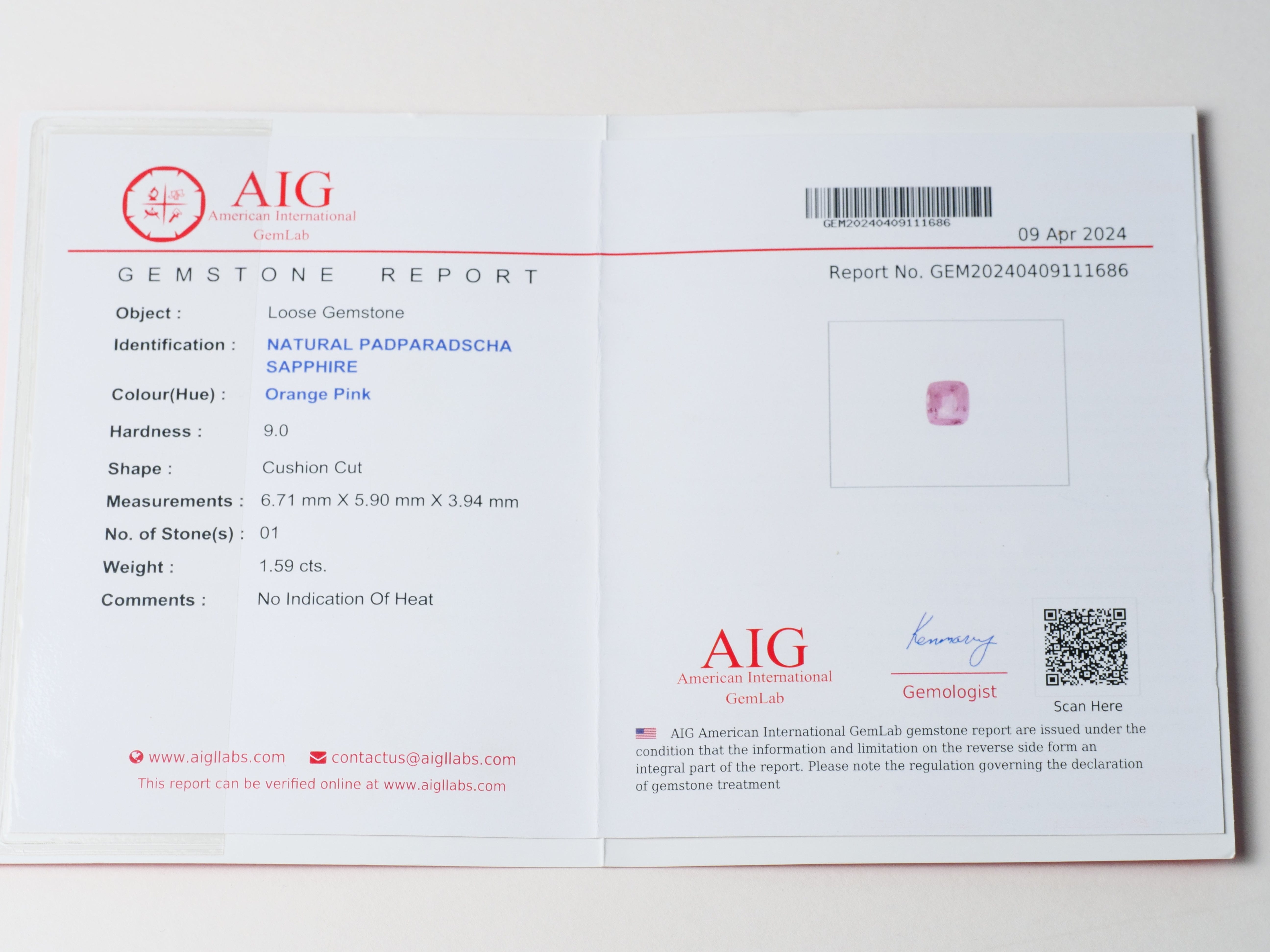 David Harry Jewels Certified No heat 1.59ct Padparadscha Sapphire