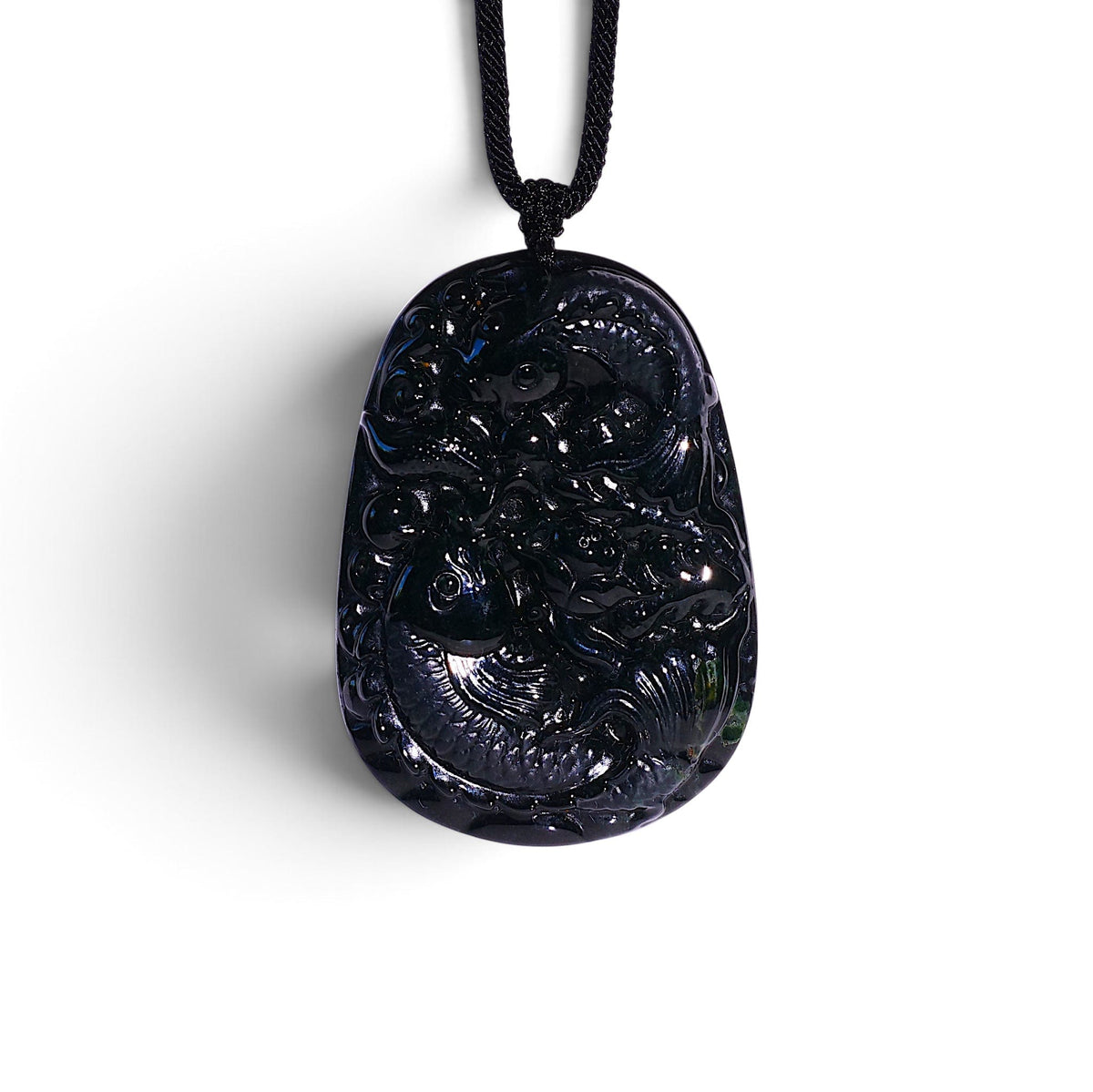 David Harry Jewels Type A Black Omphacite Jadeite Koi Carp Carved Pendant