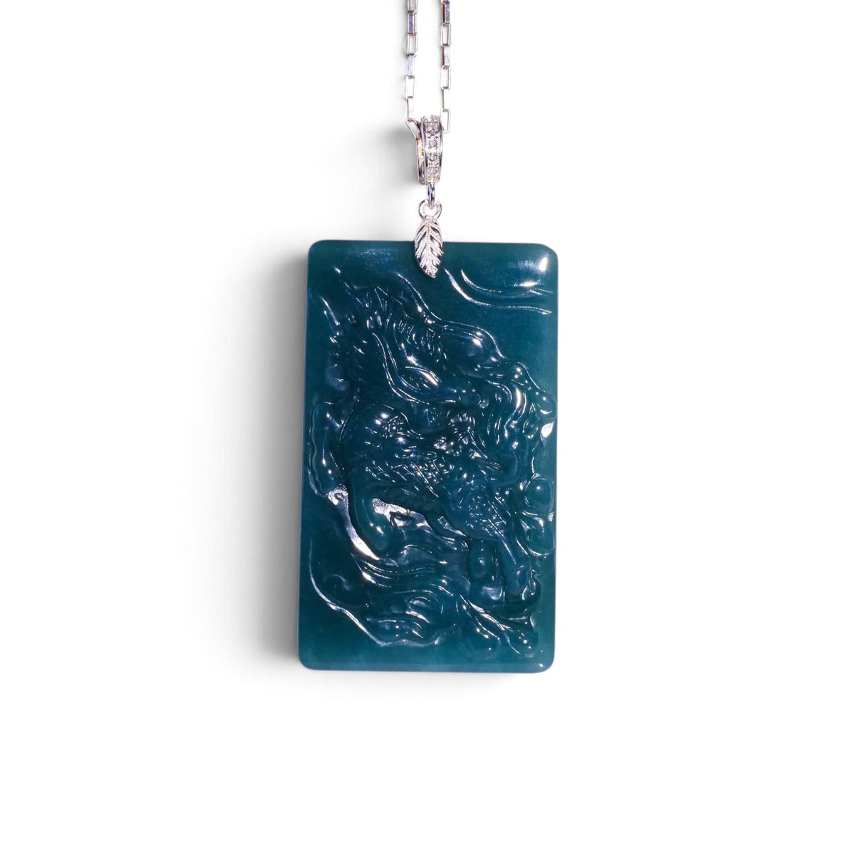 David Harry Jewels Type A Blue Jadeite QILIN Frame Carved Pendant With Clip On Bail