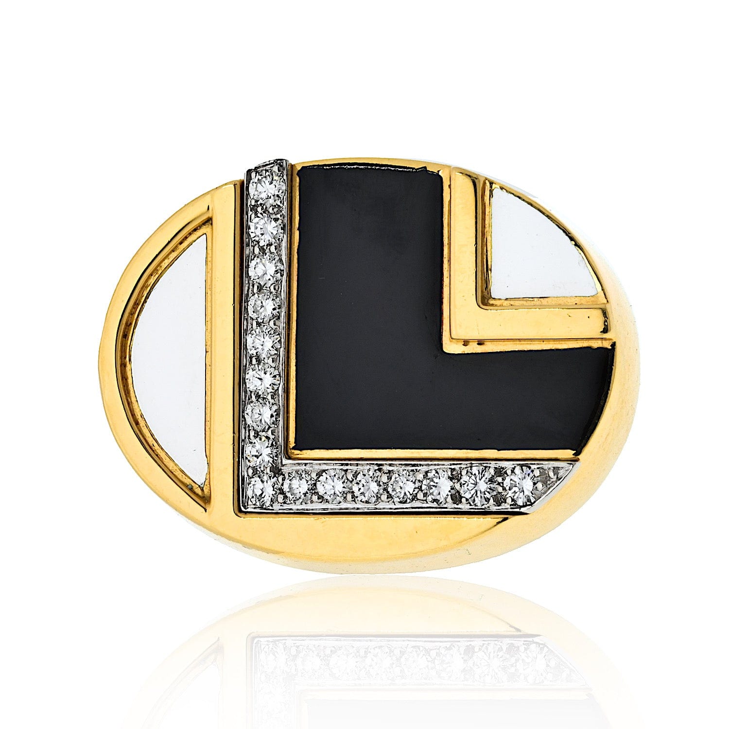 David Webb David Webb White and Black Enamel Retro Ring with Brilliant Cut Diamonds ASC5385