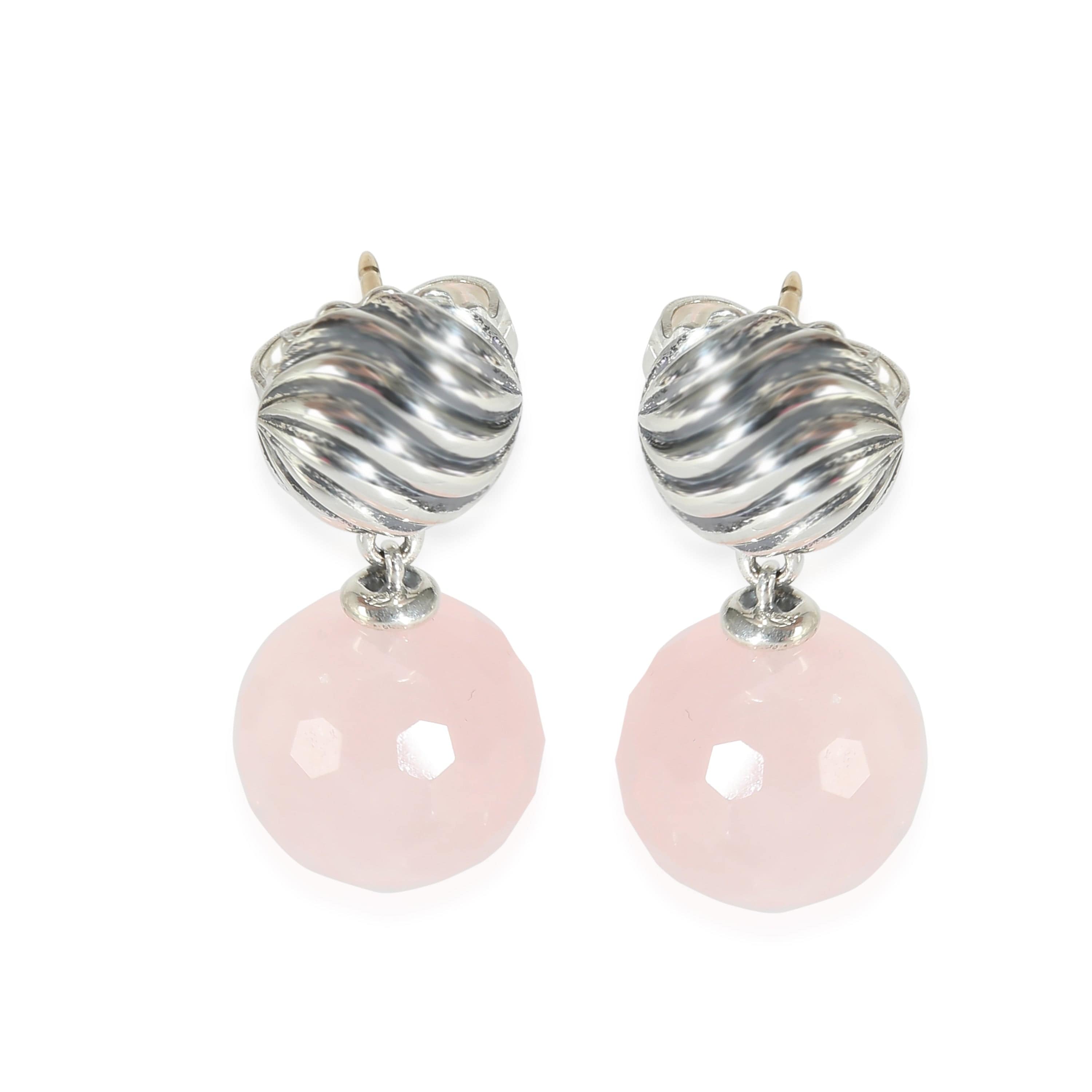 David Yurman David Yurman Sculpted Cable & Rose  Quartz Earrings in  Sterling Silver