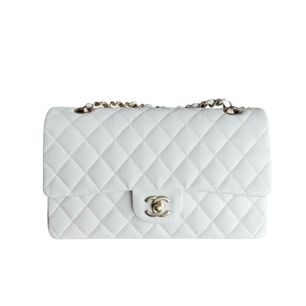 Luxury Evermore Chanel Classic Flap Medium 25cm 手袋，白色鱼子酱皮菱格纹设计，配有金色五金件。