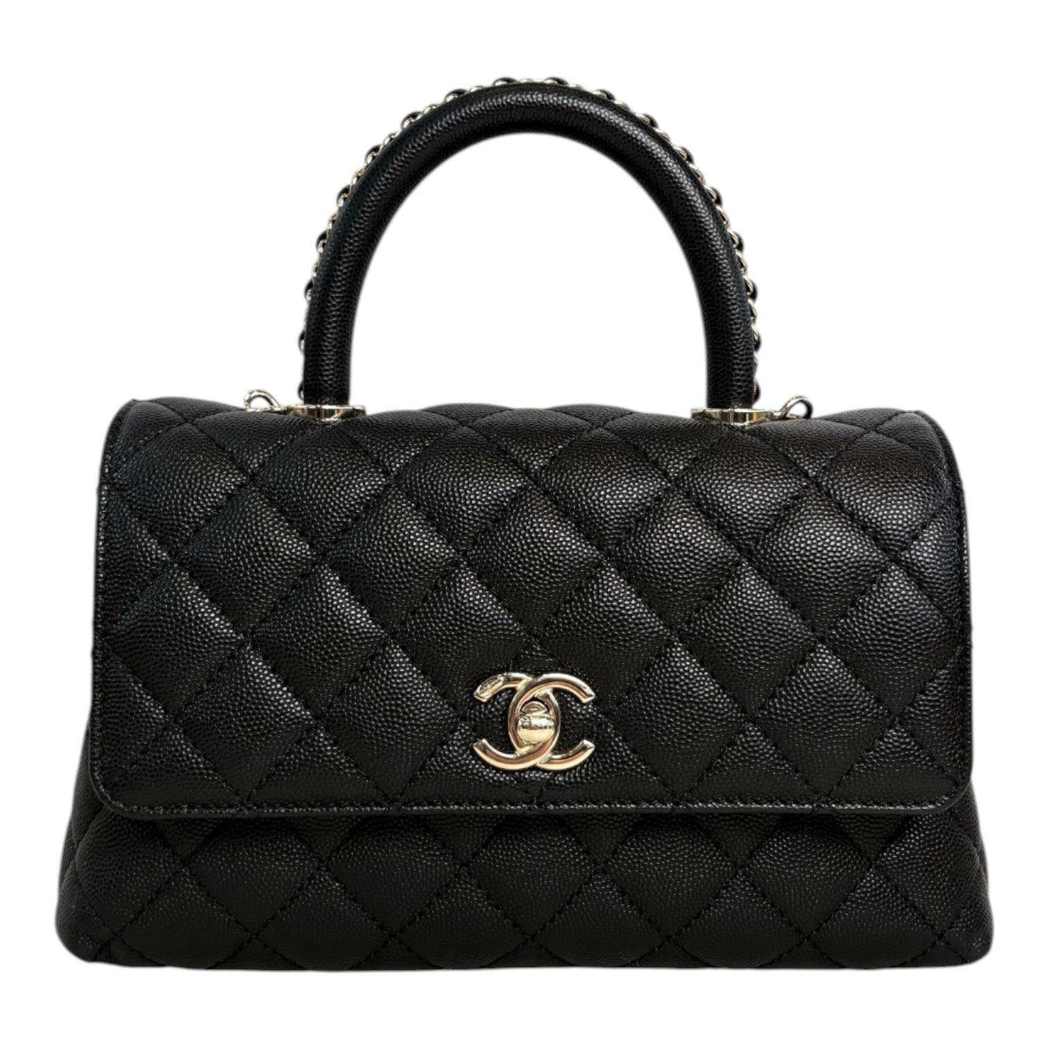 Chanel Black Caviar Coco Handle Small Bag with Chain Handle