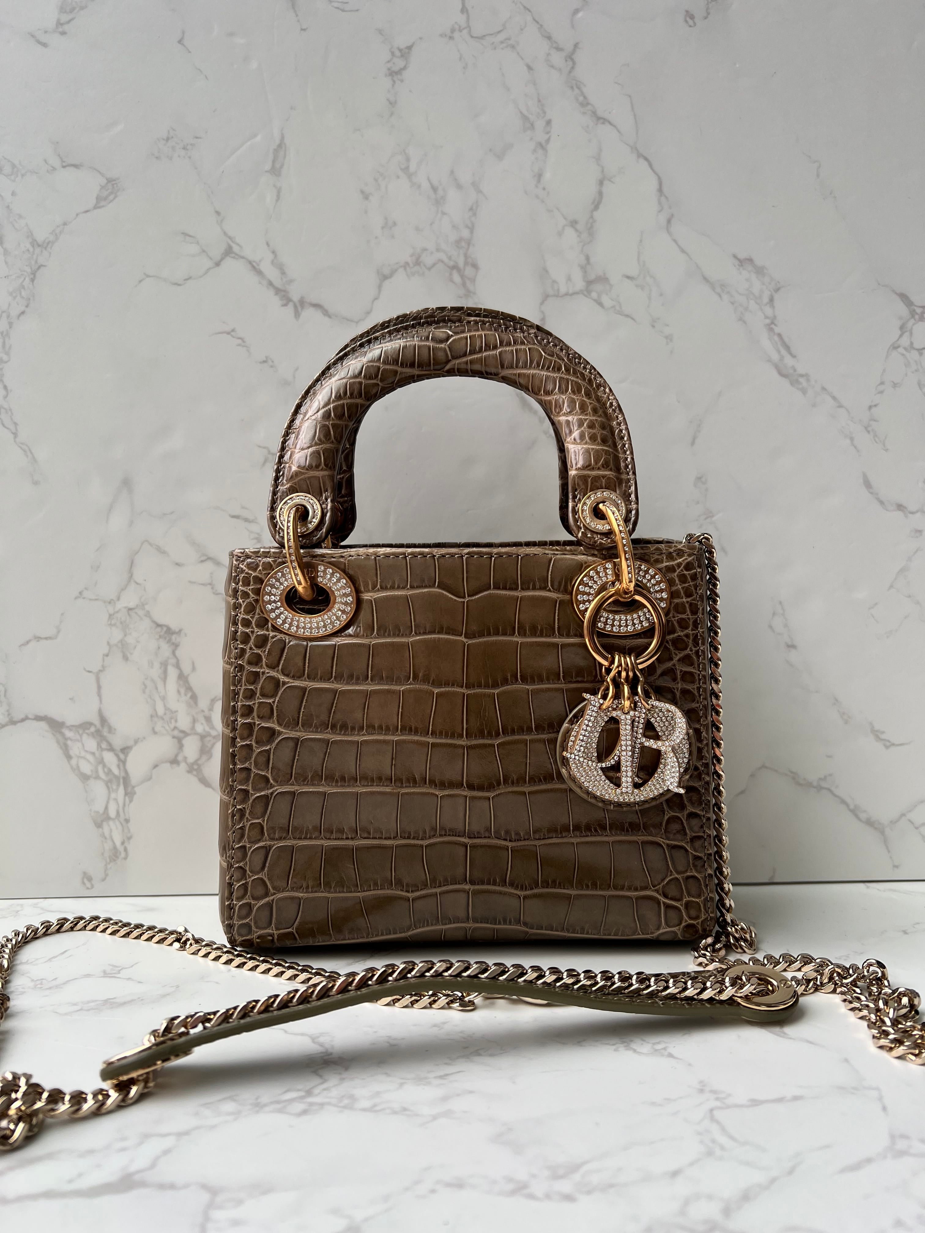 Dior Dior Lady Mini Olive Alligator LGHW with Strass 
Comes with Strap and Card SYCF3103JW