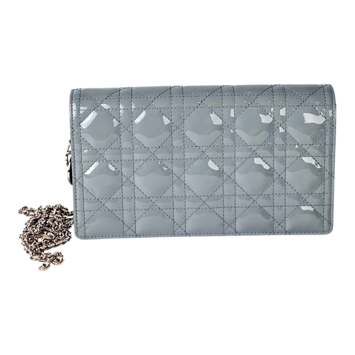 Dior Dior Lady Dior Patent Dusty Blue Wallet On Chain