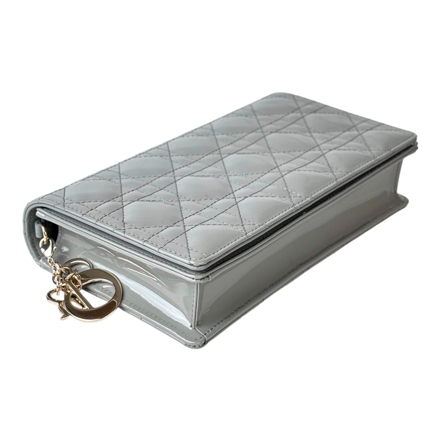 Dior Dior Lady Dior Patent Dusty Blue Wallet On Chain