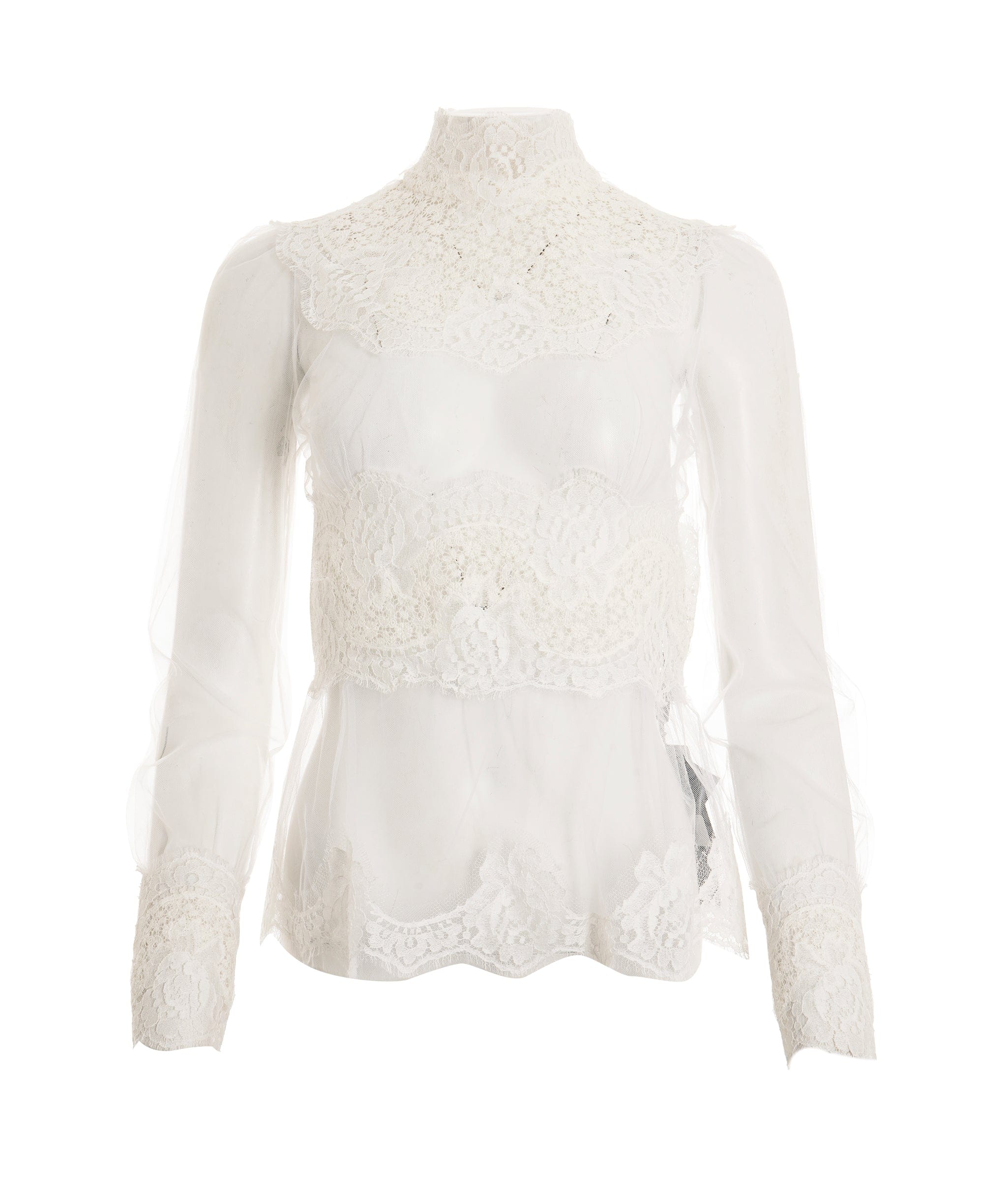 Dolce & Gabbana Blouse Mock Neck Top White Floral Lace