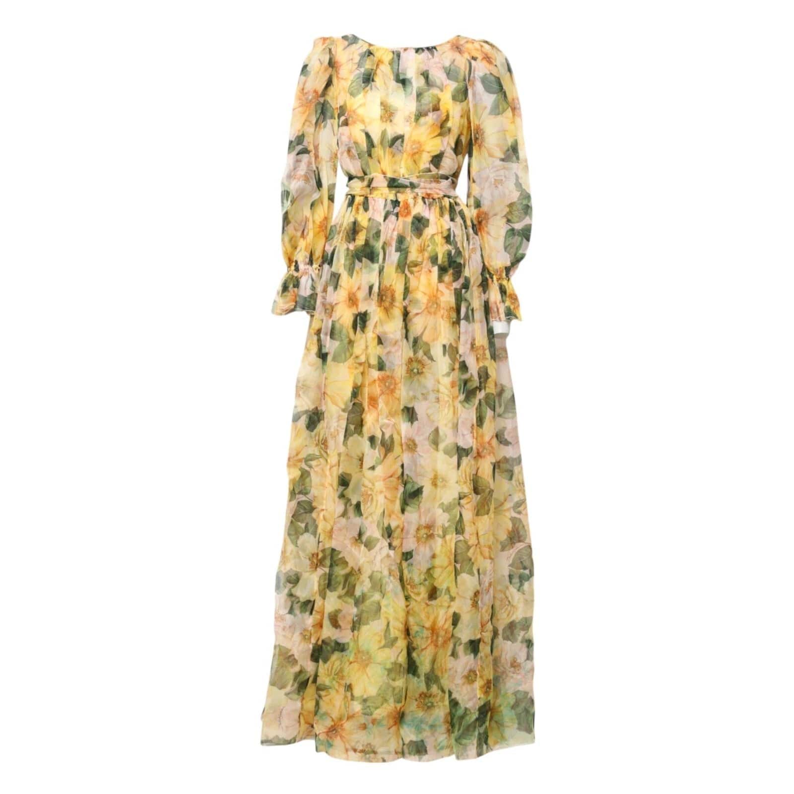 Dolce & Gabbana Dress Yellow Floral Print Long Sleeves Maxi 4397b