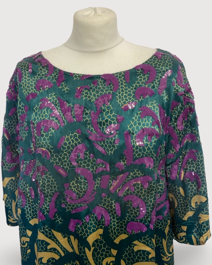 Dries Van Noten Turquoise/ Beige Dries Van Noten Print Sequin Dress, 14