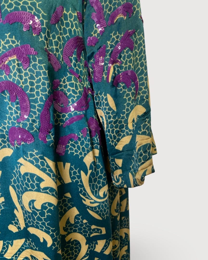 Dries Van Noten Turquoise/ Beige Dries Van Noten Print Sequin Dress, 14