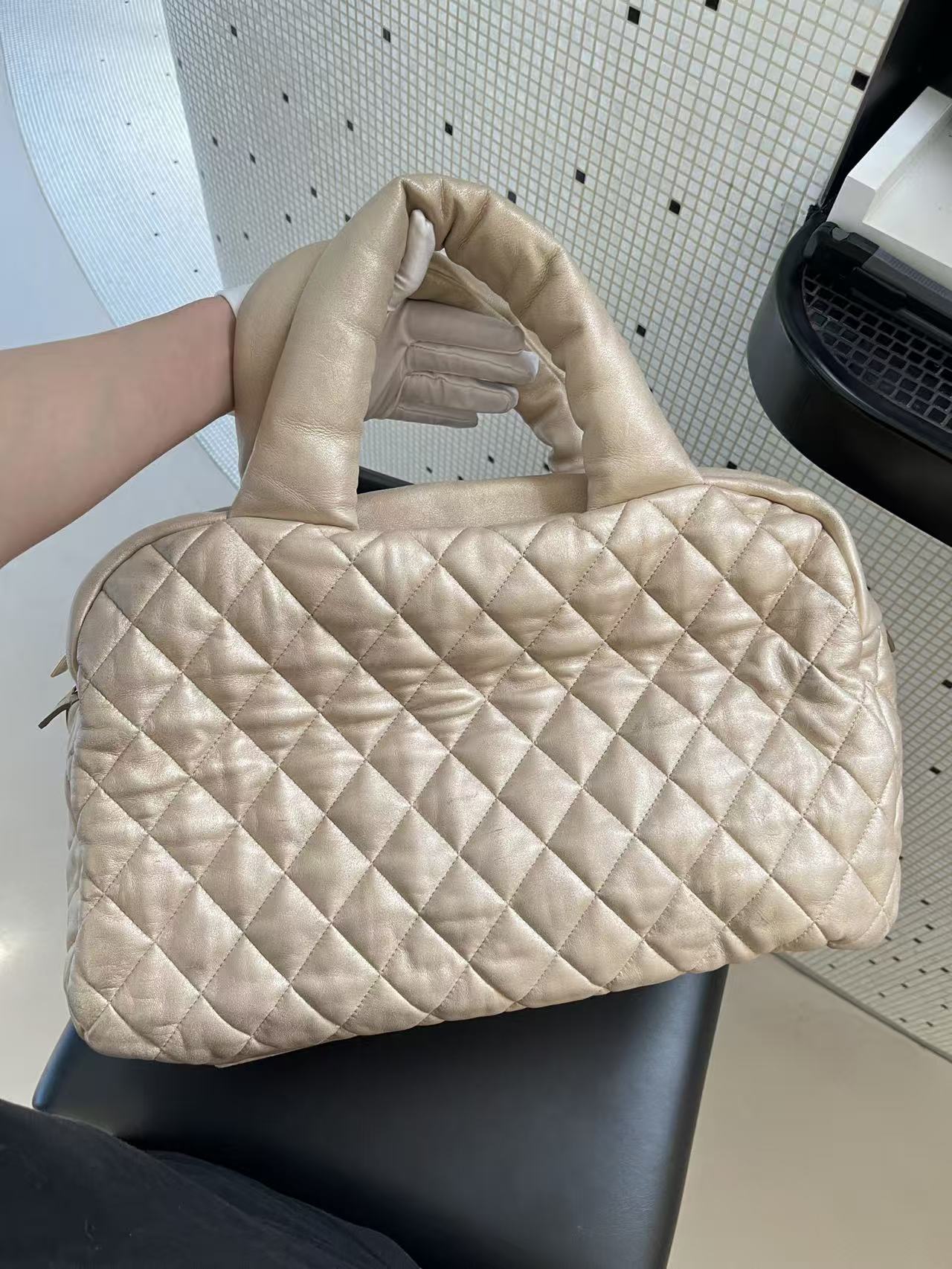 Chanel Quilted Lambskin Puffy Bowling Bag - Beige