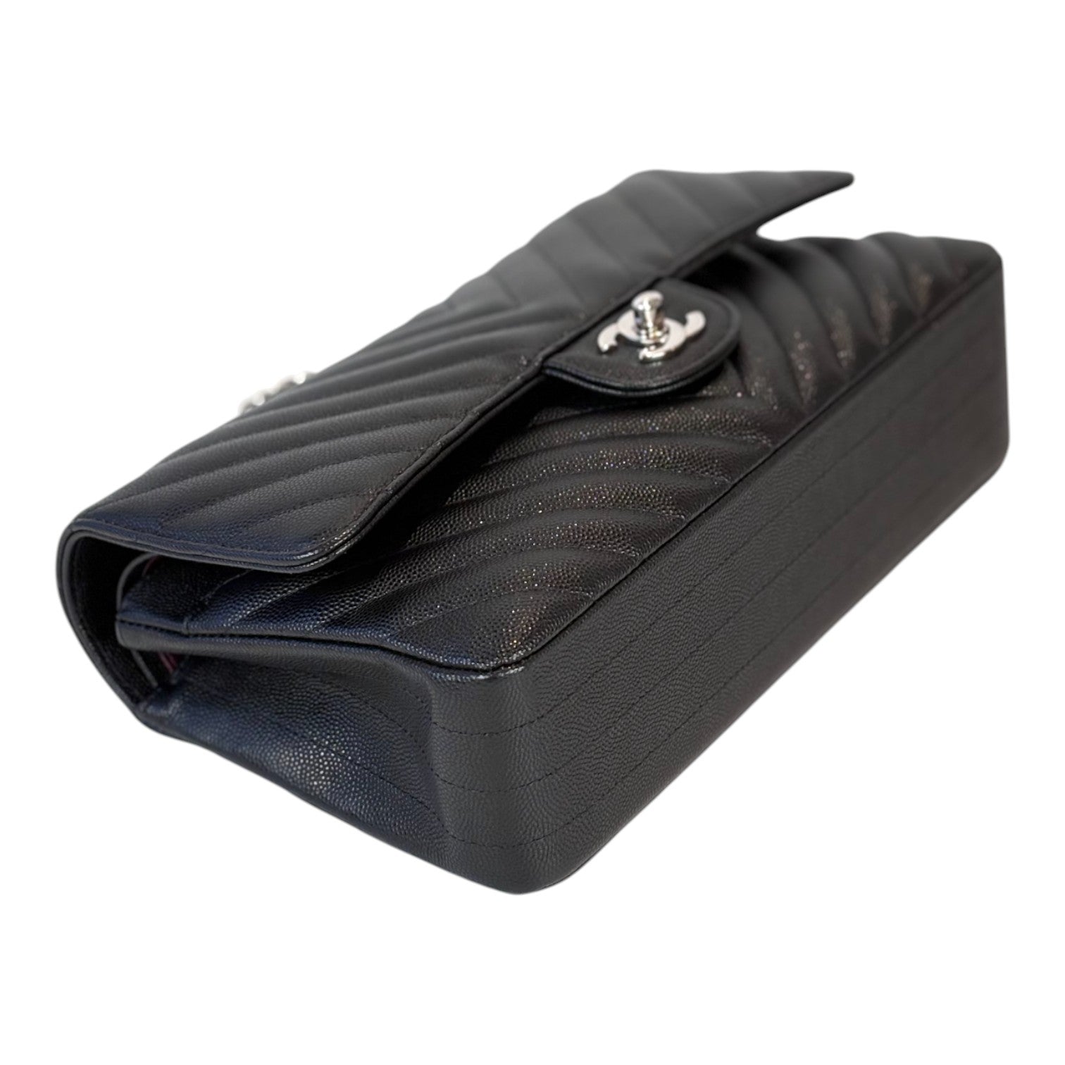 Chanel Classic Flap Medium Black Silver Chevron in Caviar Bag