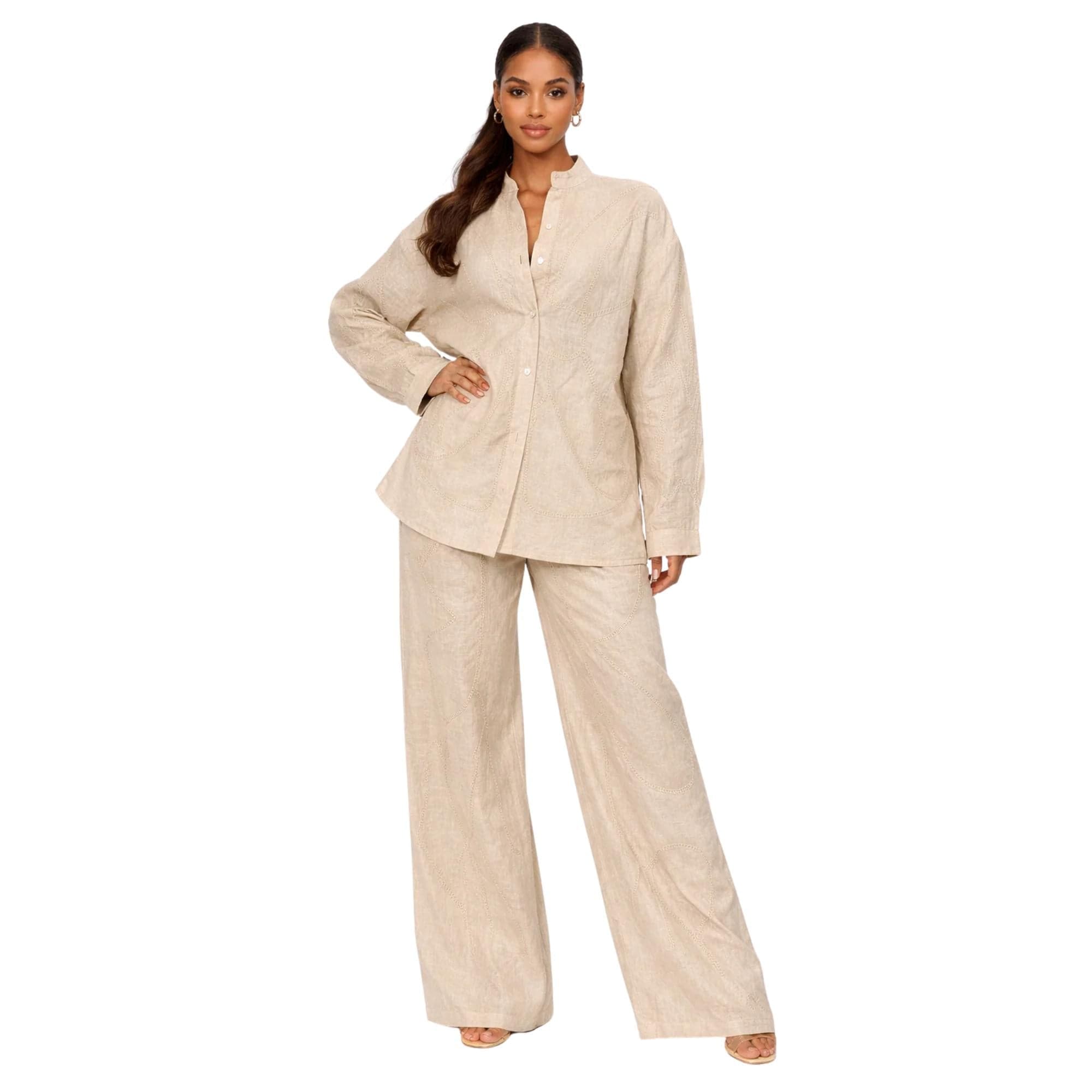 ESSENTIALS5IVE THREAD FLOW LINEN CO-ORD SET  زوج (SHIRT & PANTS قميص وبنطلون) “THEA"