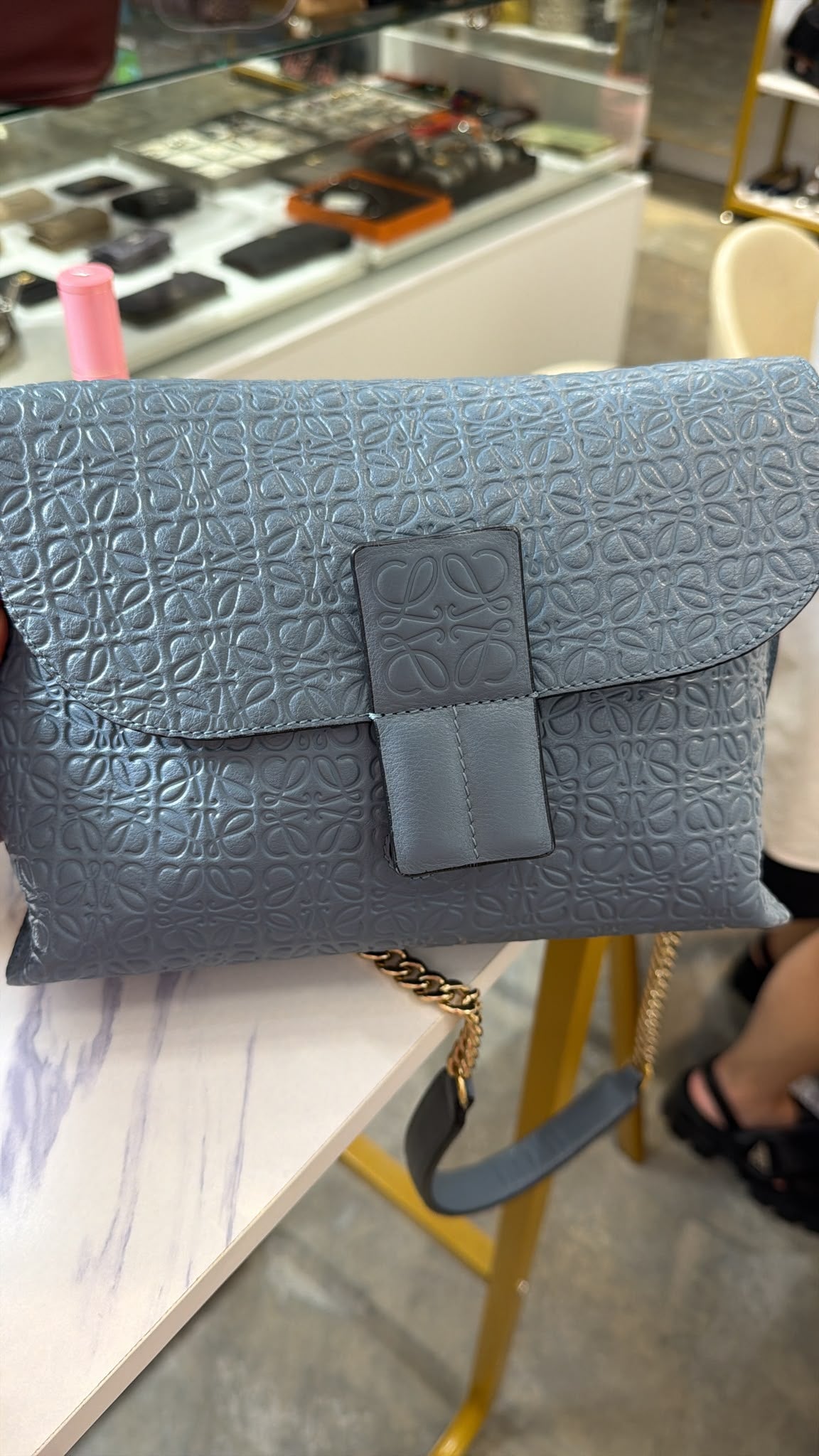 Loewe Blue Anagram Embossed Leather Flap Shoulder Bag SYC2247