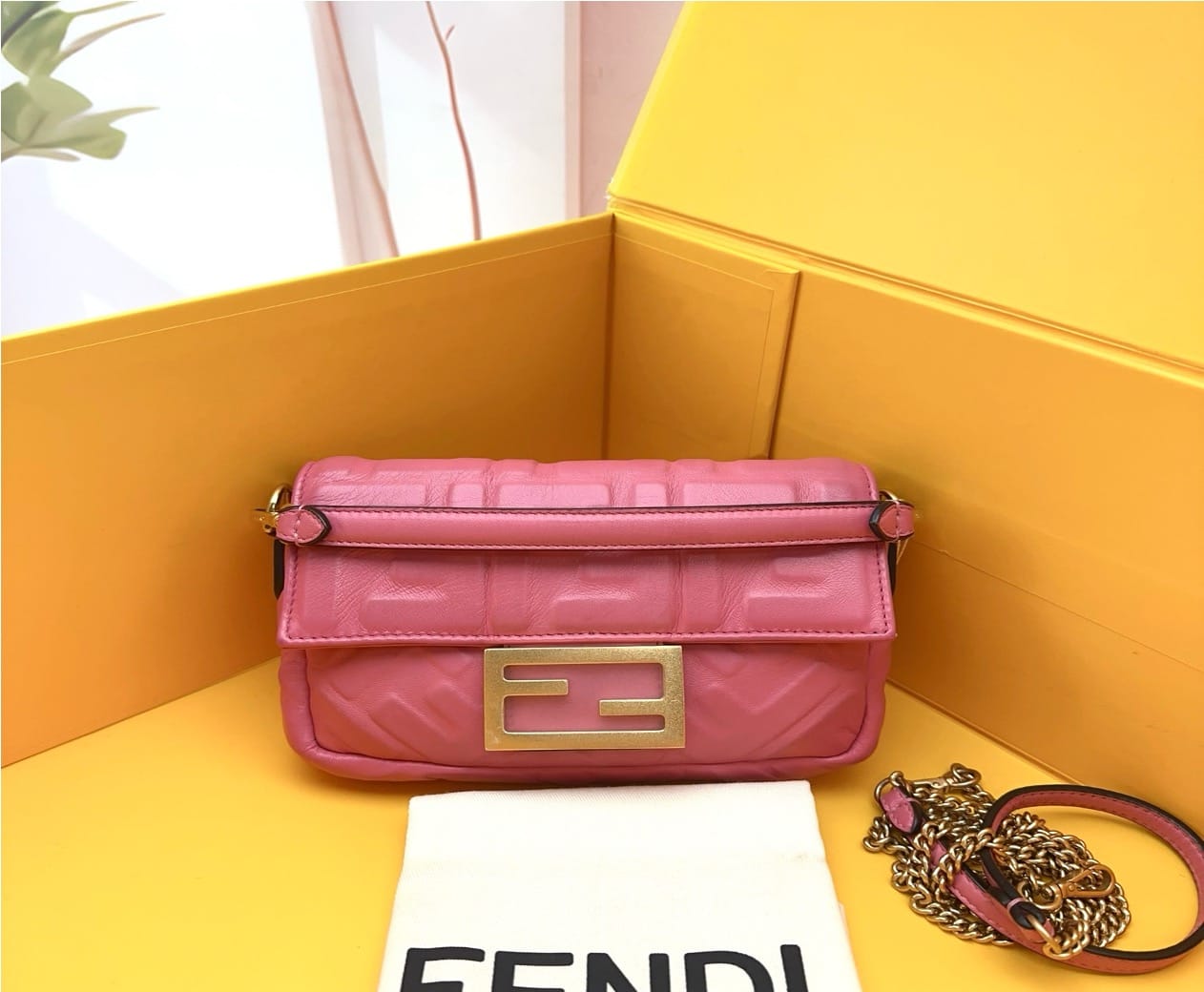 FeNDI Fendi Pink Nappa FF 1974 Embossed Mini Baguette Gold Hardware S18030911
