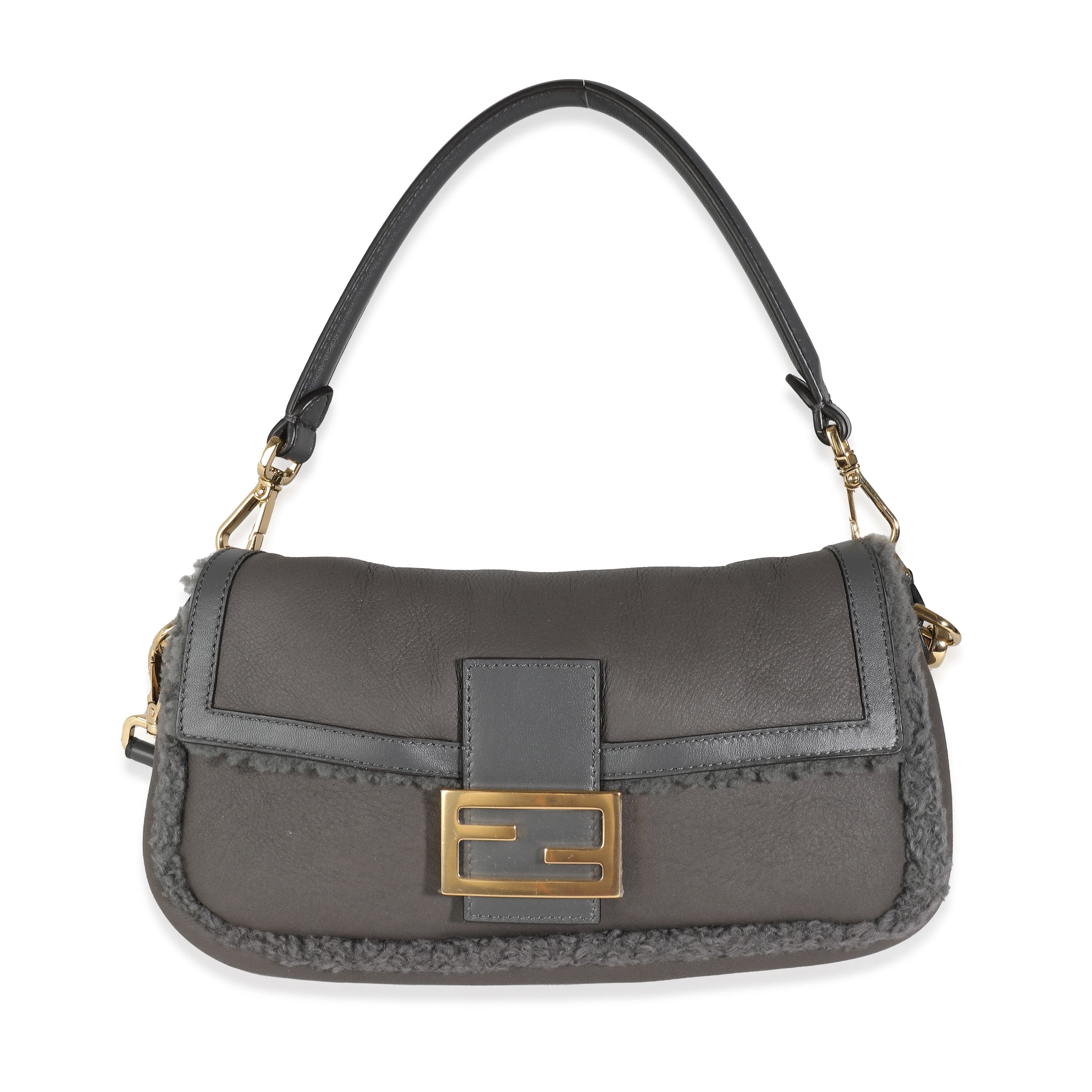 Fendi Fendi Grey Lambskin Shearling Medium Baguette Bag