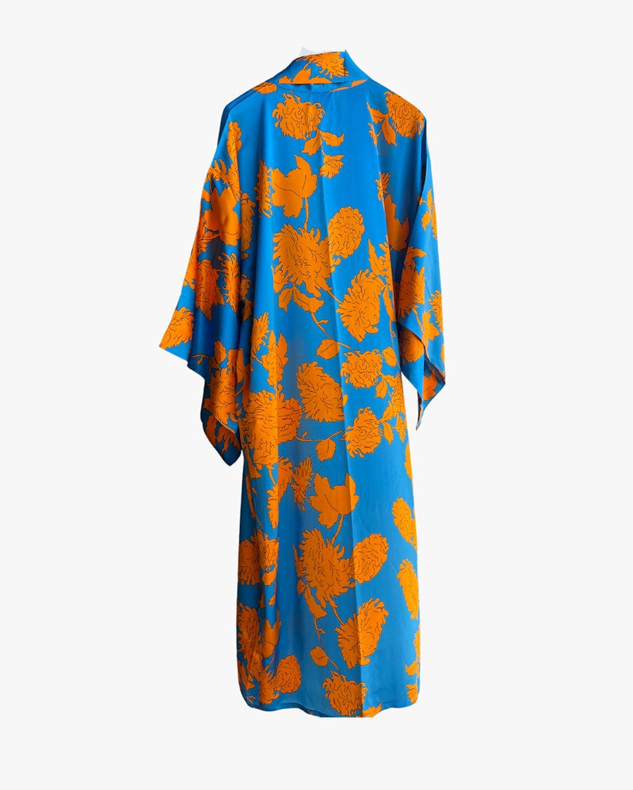 Gaia Moncada Blue Orange Flower Long Silk Kimono Coverup