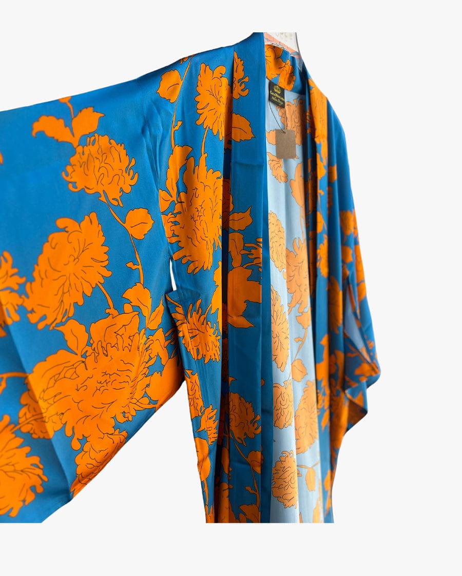 Gaia Moncada Blue Orange Flower Long Silk Kimono Coverup