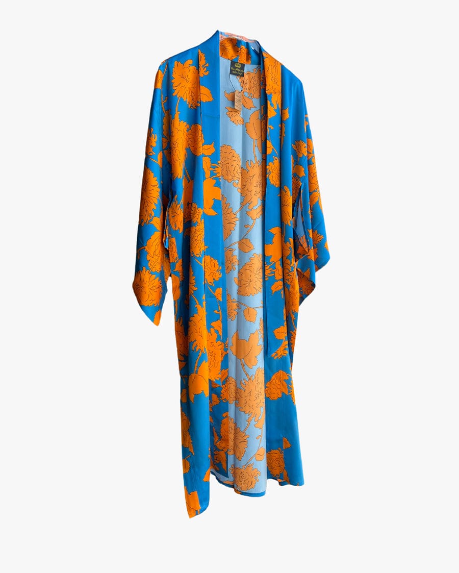 Gaia Moncada Blue Orange Flower Long Silk Kimono Coverup