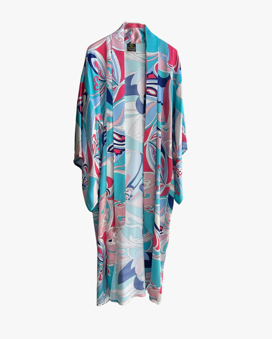 Gaia Moncada Turquoise Pink Abstract Long Silk Kimono Coverup