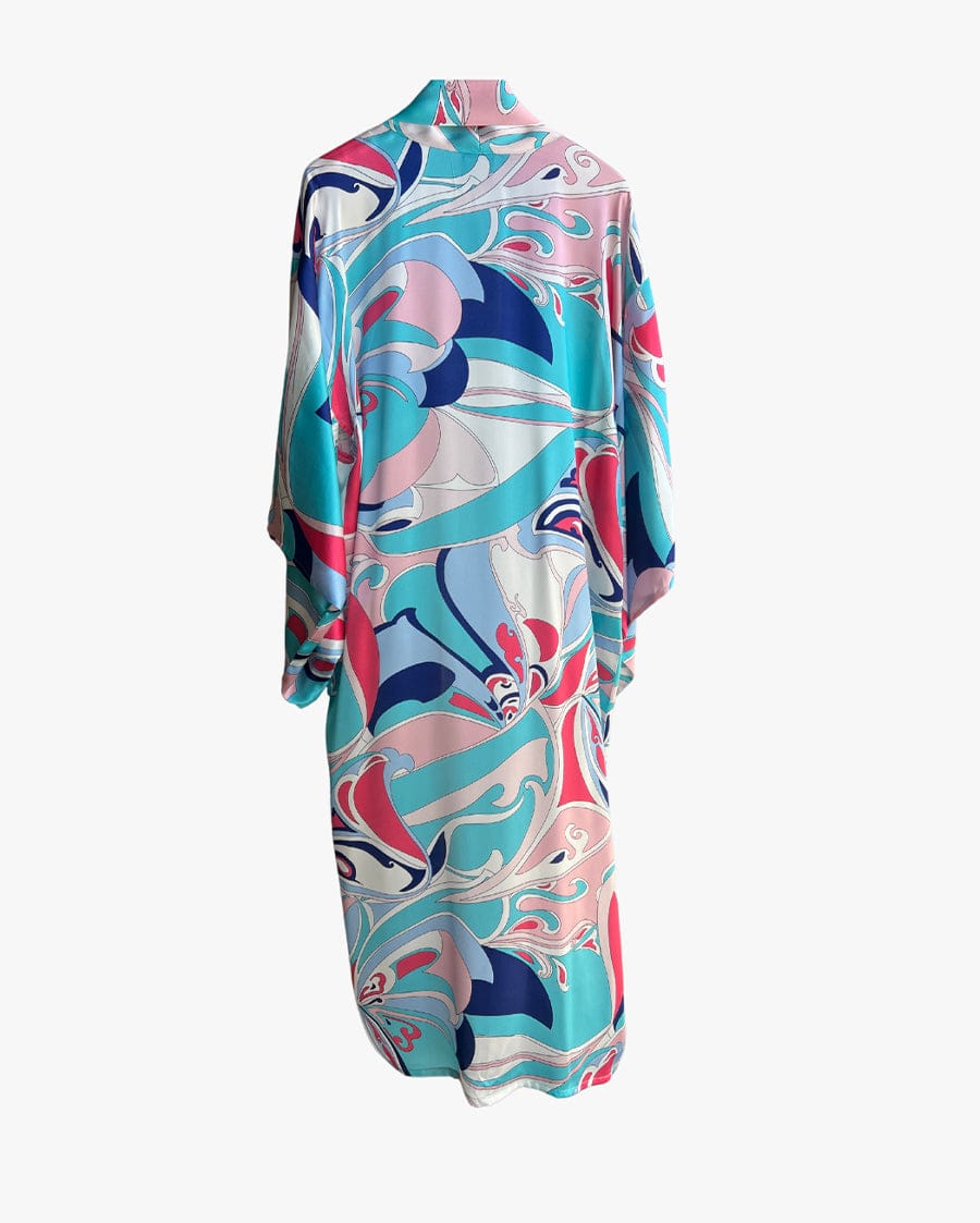 Gaia Moncada Turquoise Pink Abstract Long Silk Kimono Coverup