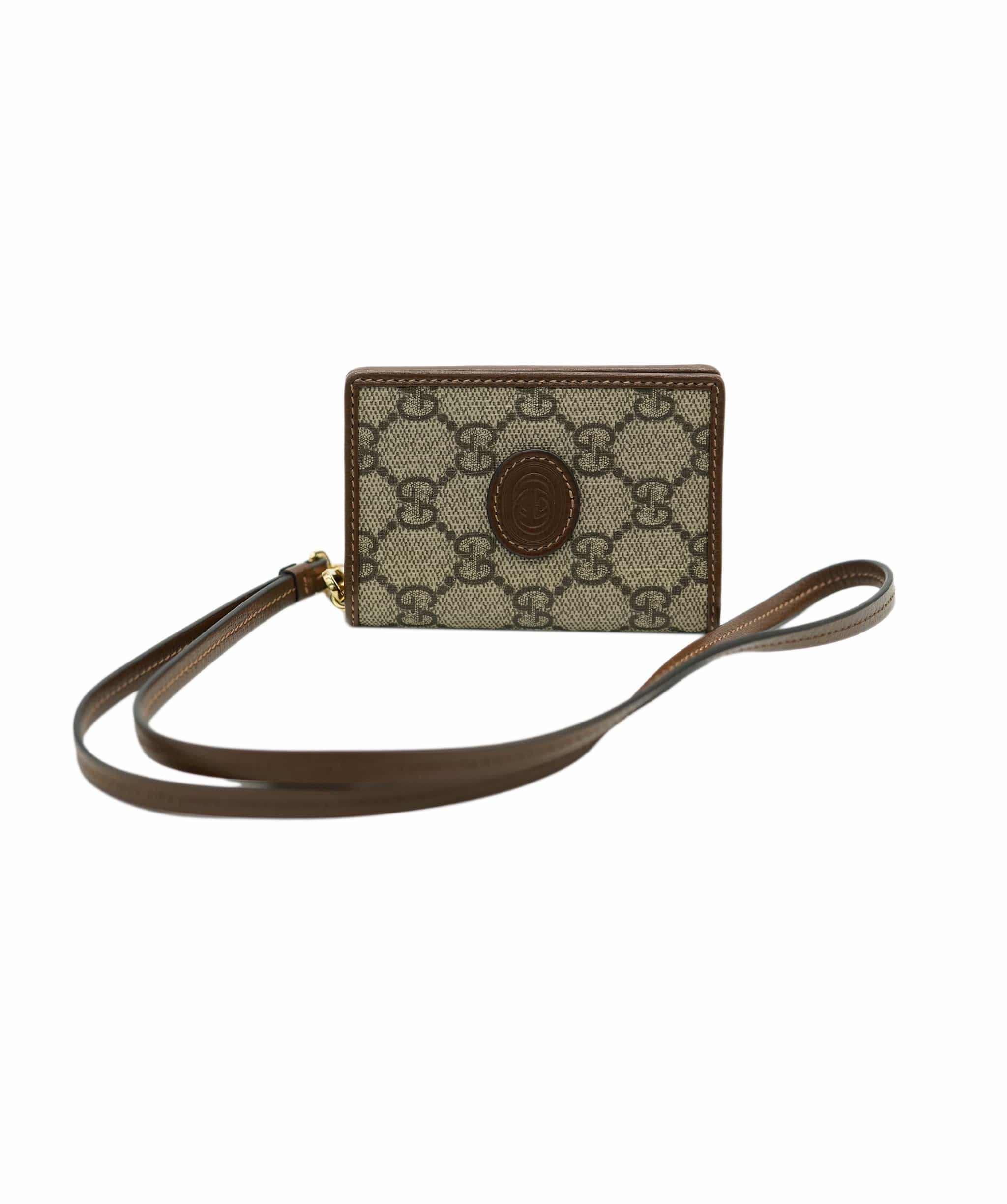 Gucci Gucci Brown Calfskin GG Supreme Card Case on Strap ABC0940