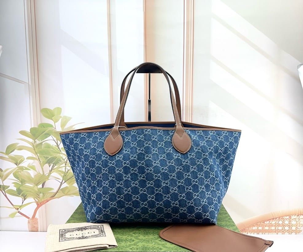 Gucci Gucci Blue GG Denim Medium Tote Bag with Brown Trim 22952863