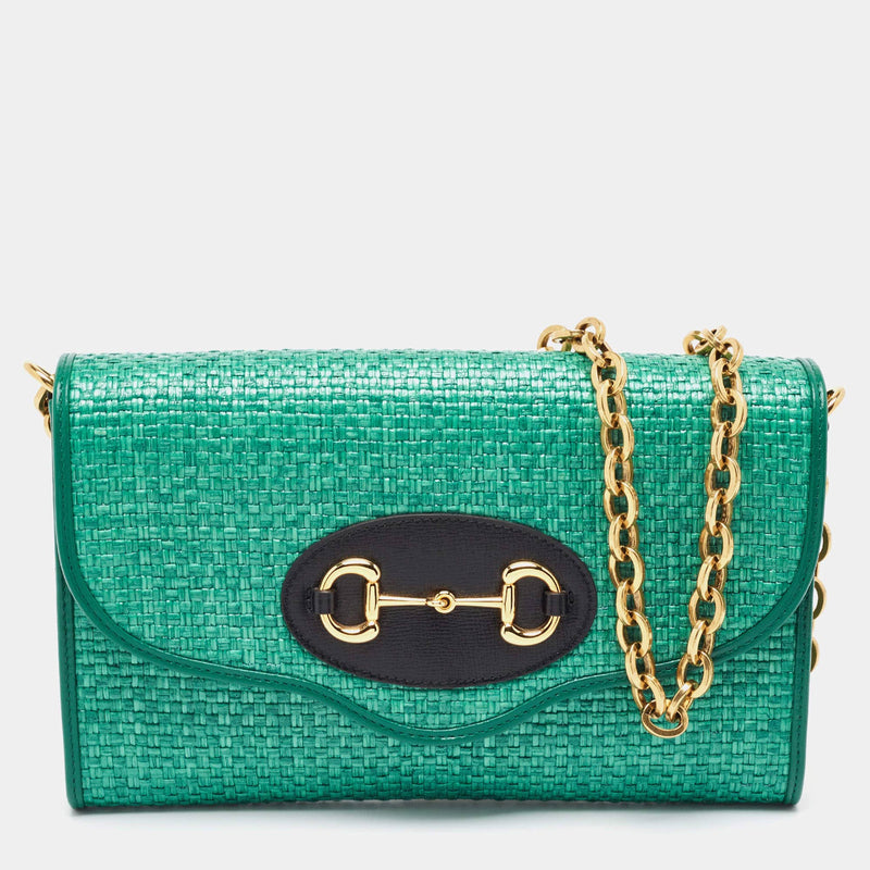 Gucci Green Raffia Horsebit 1955 Chain Shoulder Bag ASCLC1498