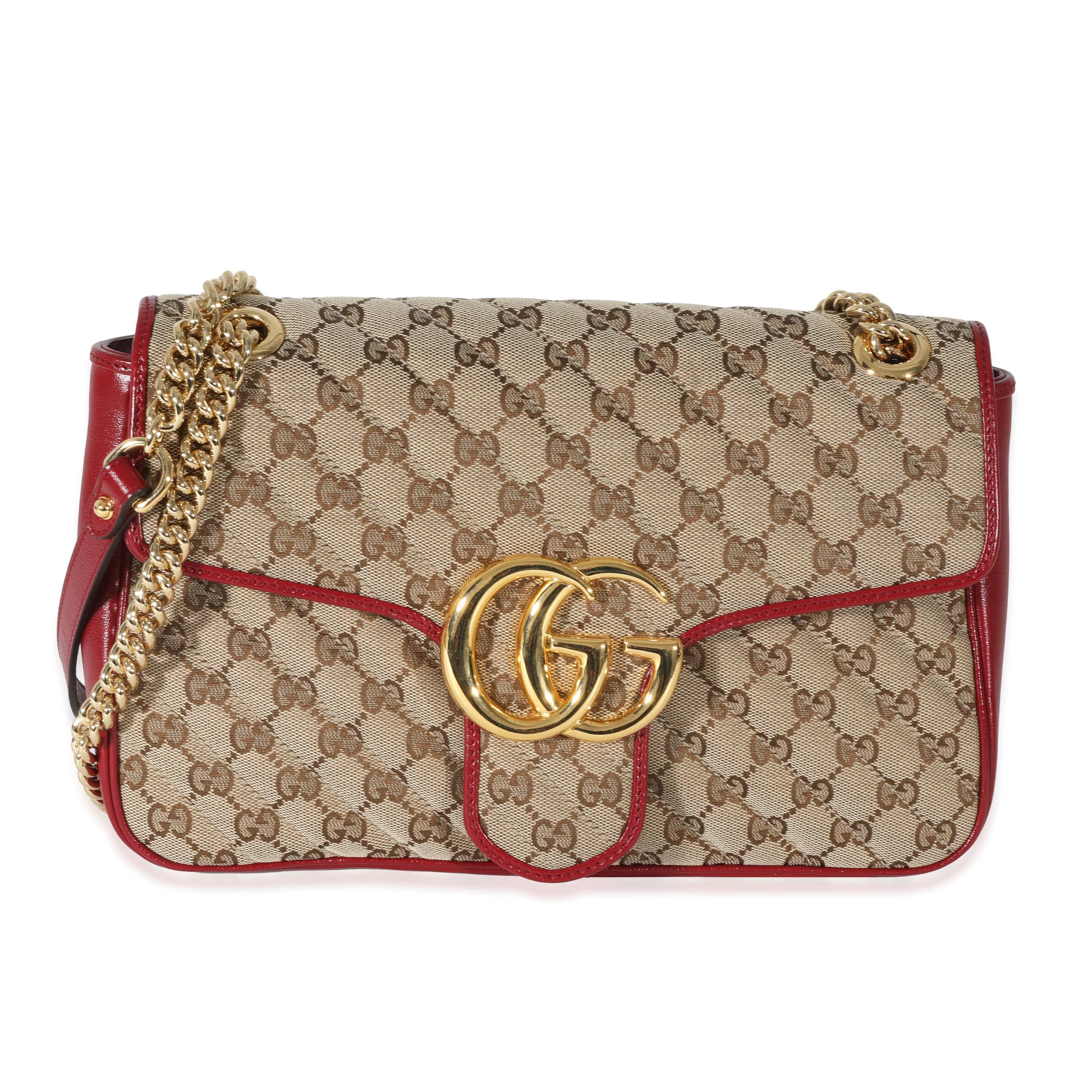 Gucci Gucci Beige Diagonal GG Canvas & Hibiscus Red Medium Marmont Bag