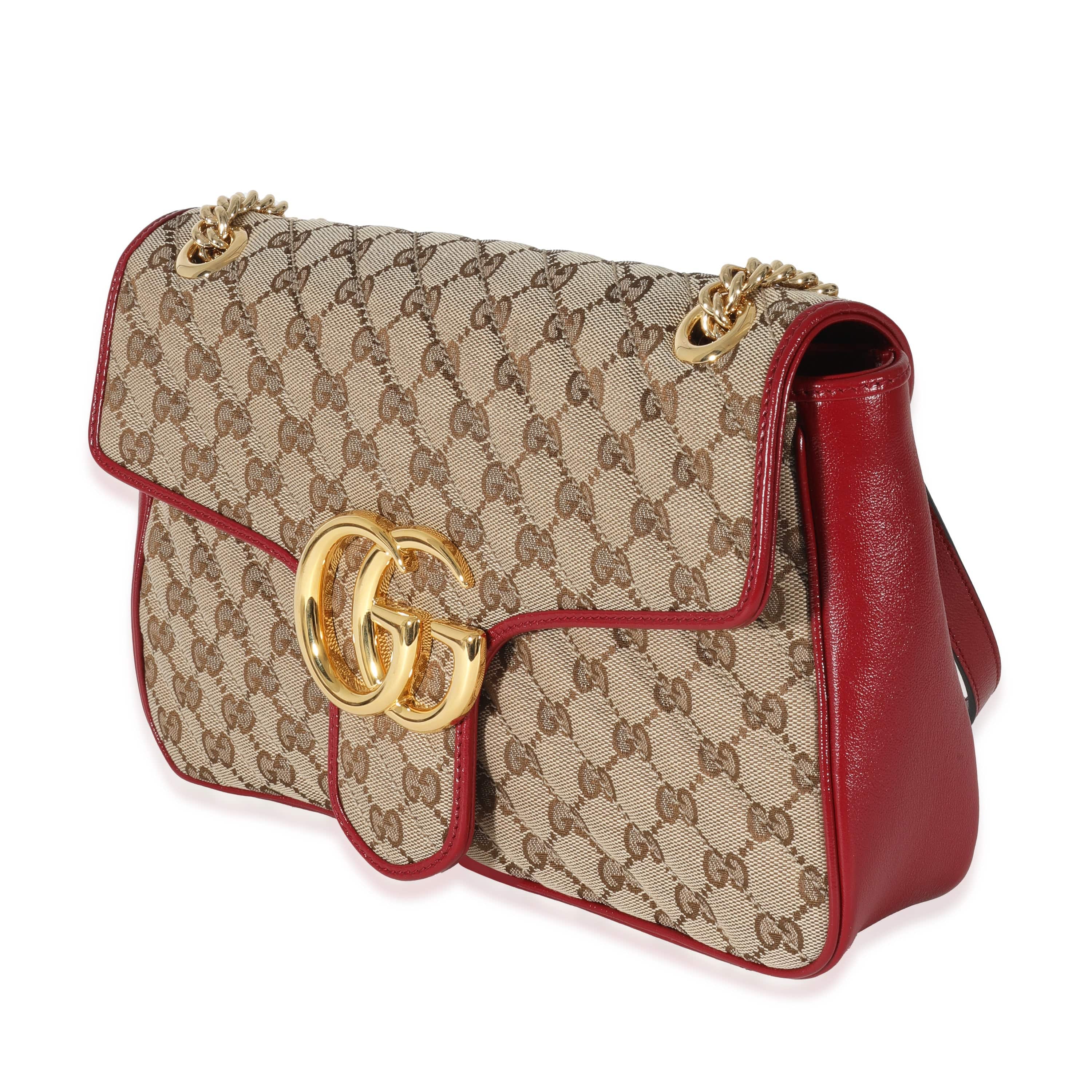 Gucci Gucci Beige Diagonal GG Canvas & Hibiscus Red Medium Marmont Bag
