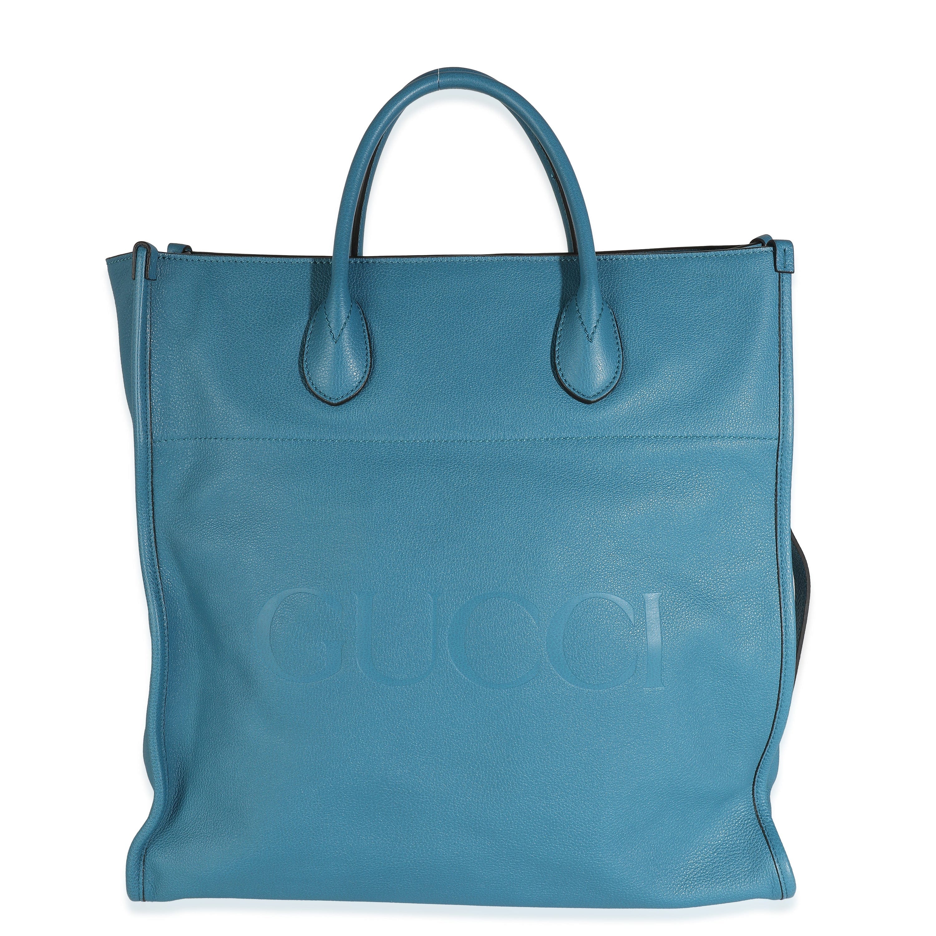 Gucci Gucci Blue Leather Logo Embossed Shopper Tote