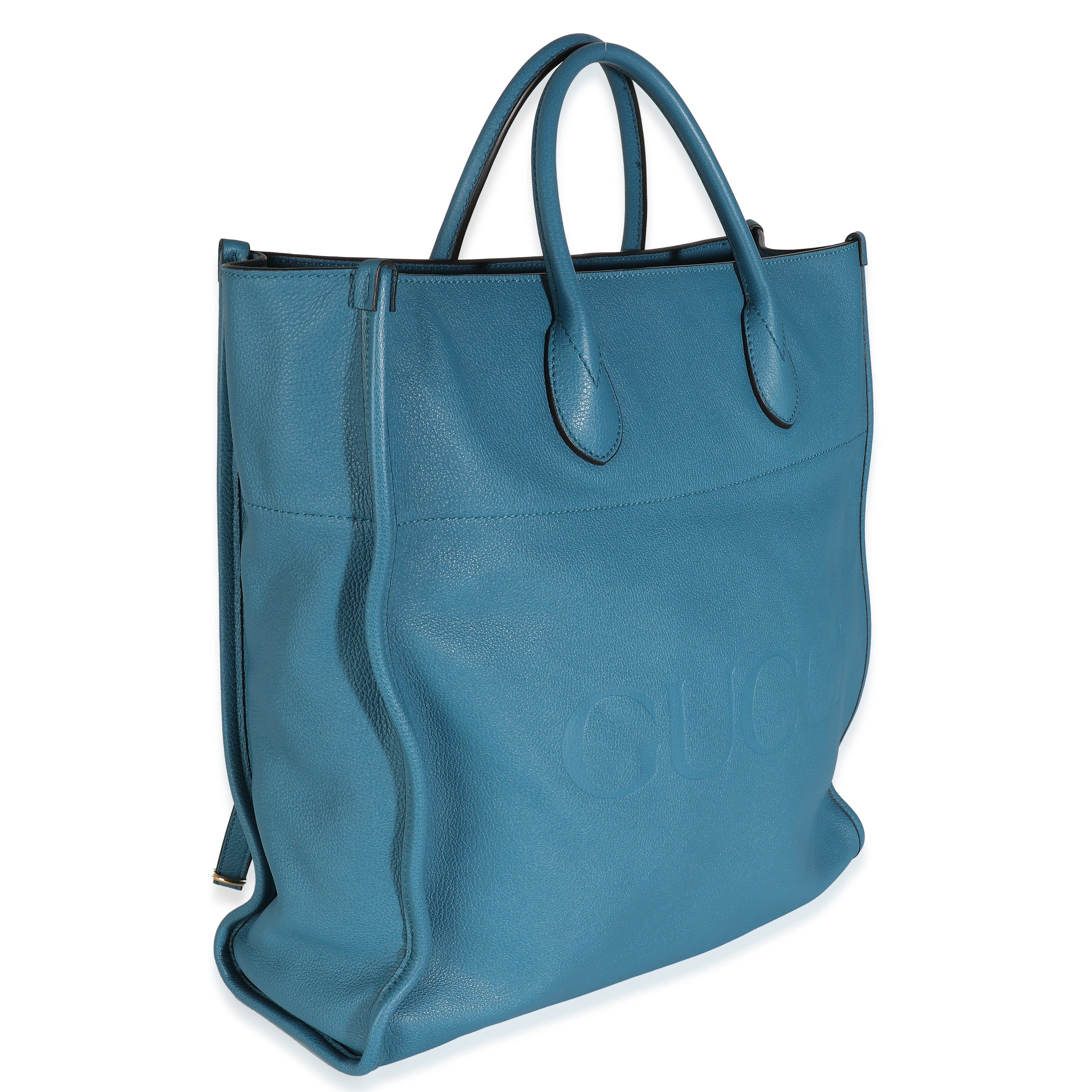 Gucci Gucci Blue Leather Logo Embossed Shopper Tote