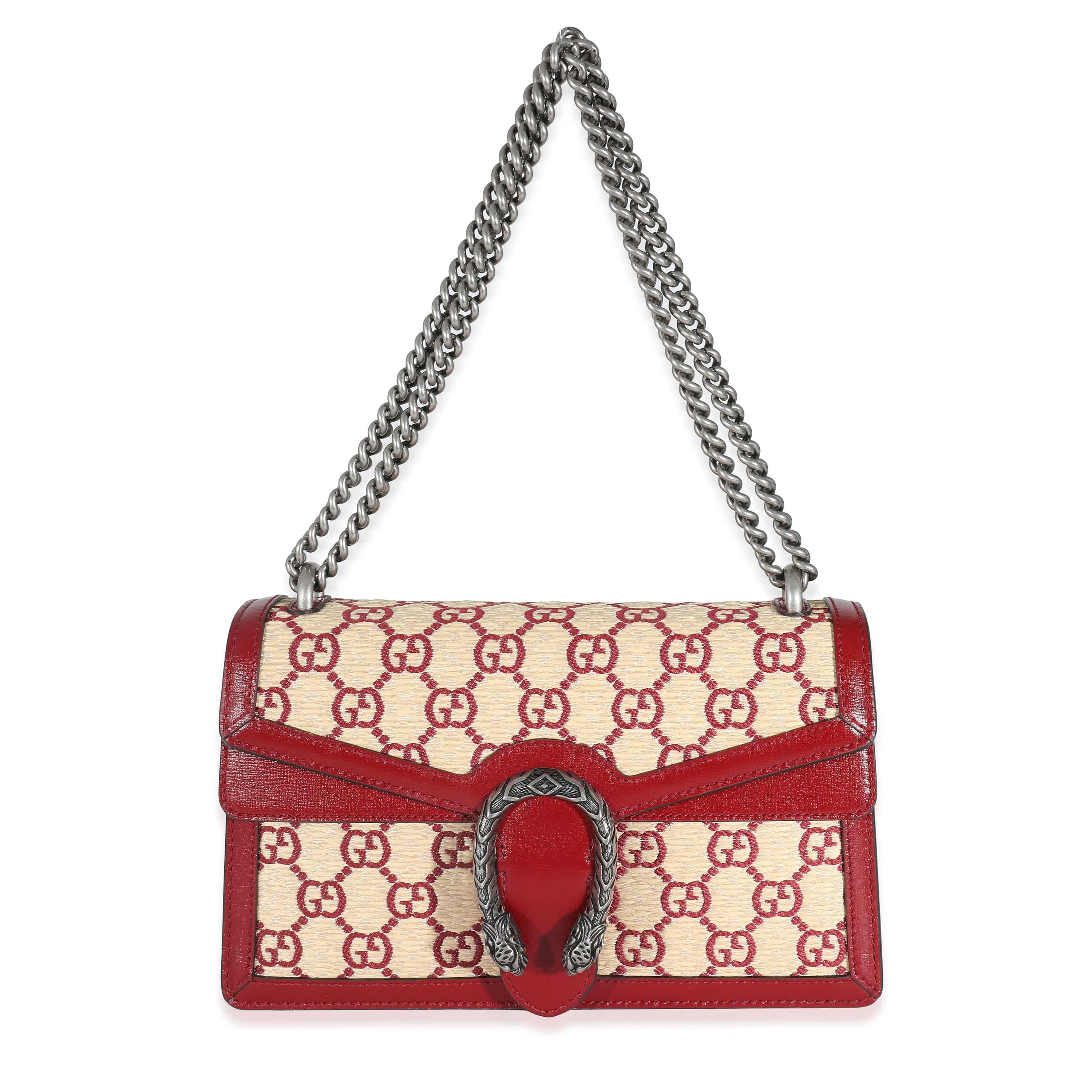 Gucci Gucci Natural Red Straw Azalea Calfskin GG Monogram Small Dionysus Bag
