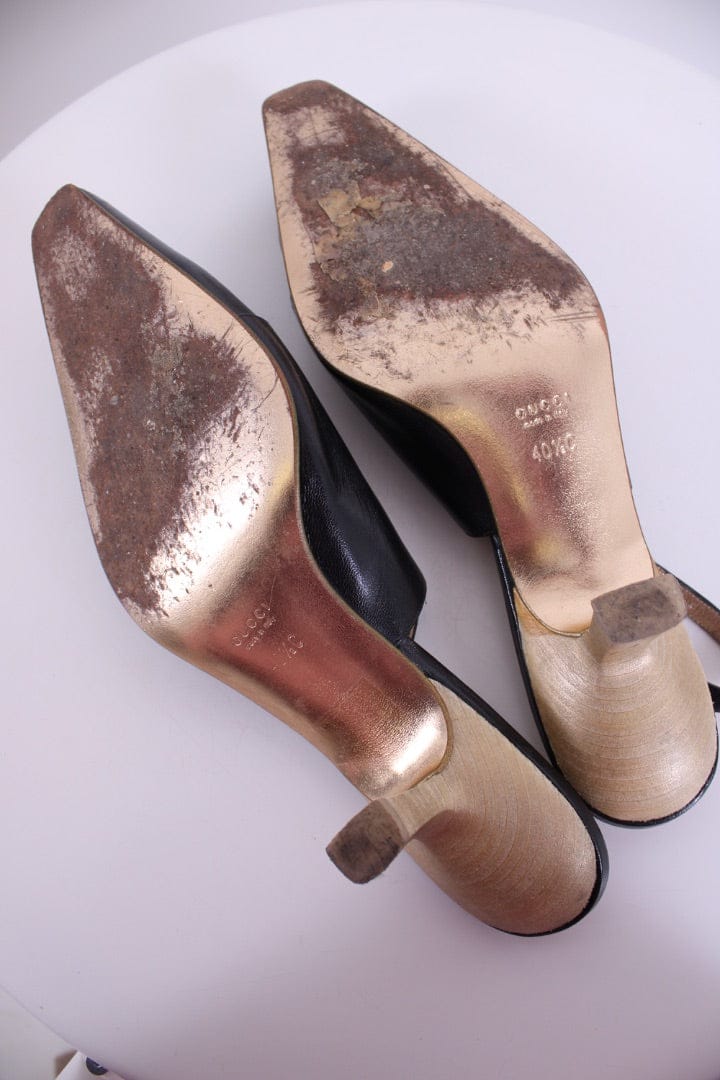 Gucci Gucci Dragon Accent Slingback Heels Black/ Gold 40.5