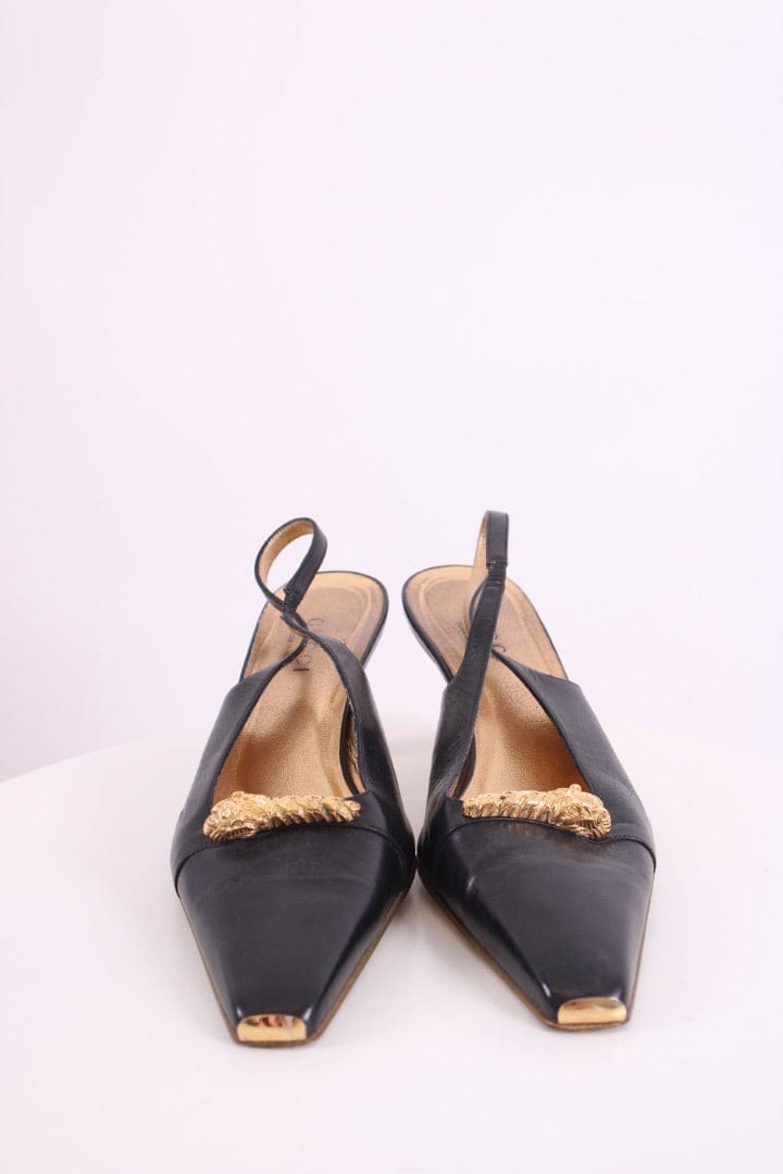 Gucci Gucci Dragon Accent Slingback Heels Black/ Gold 40.5