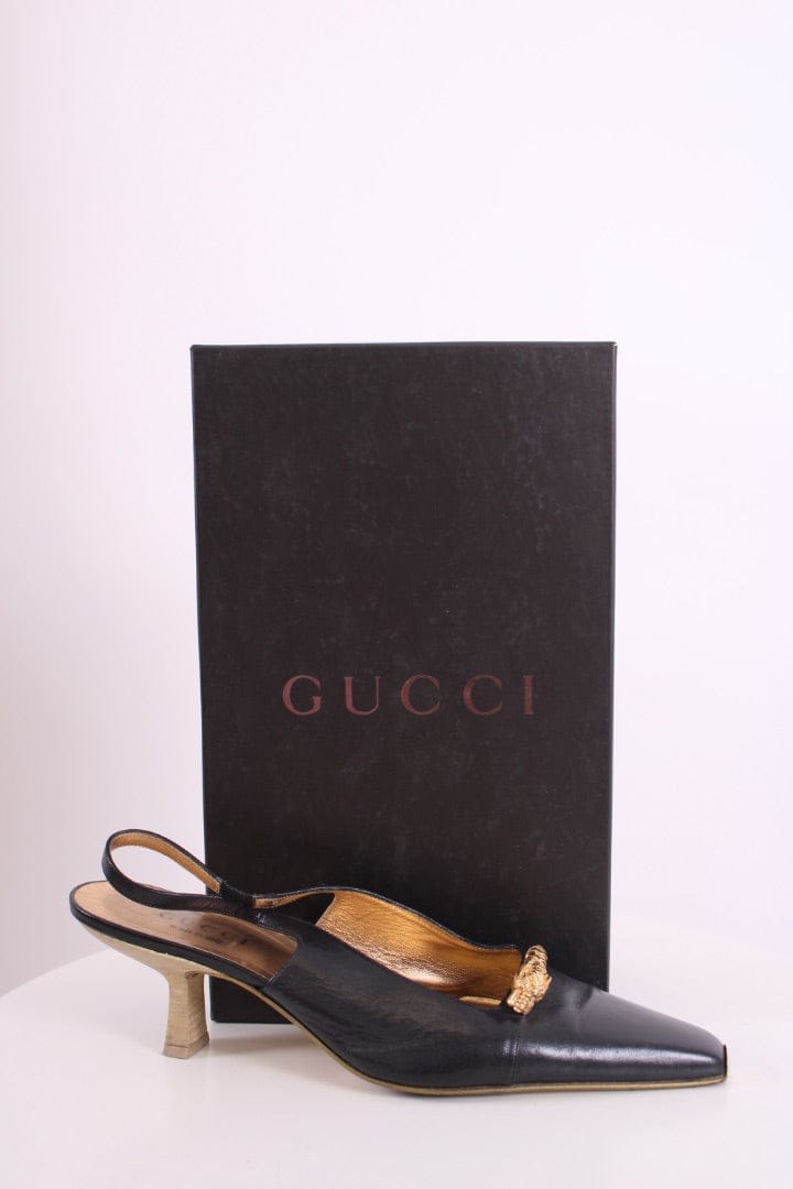 Gucci Gucci Dragon Accent Slingback Heels Black/ Gold 40.5