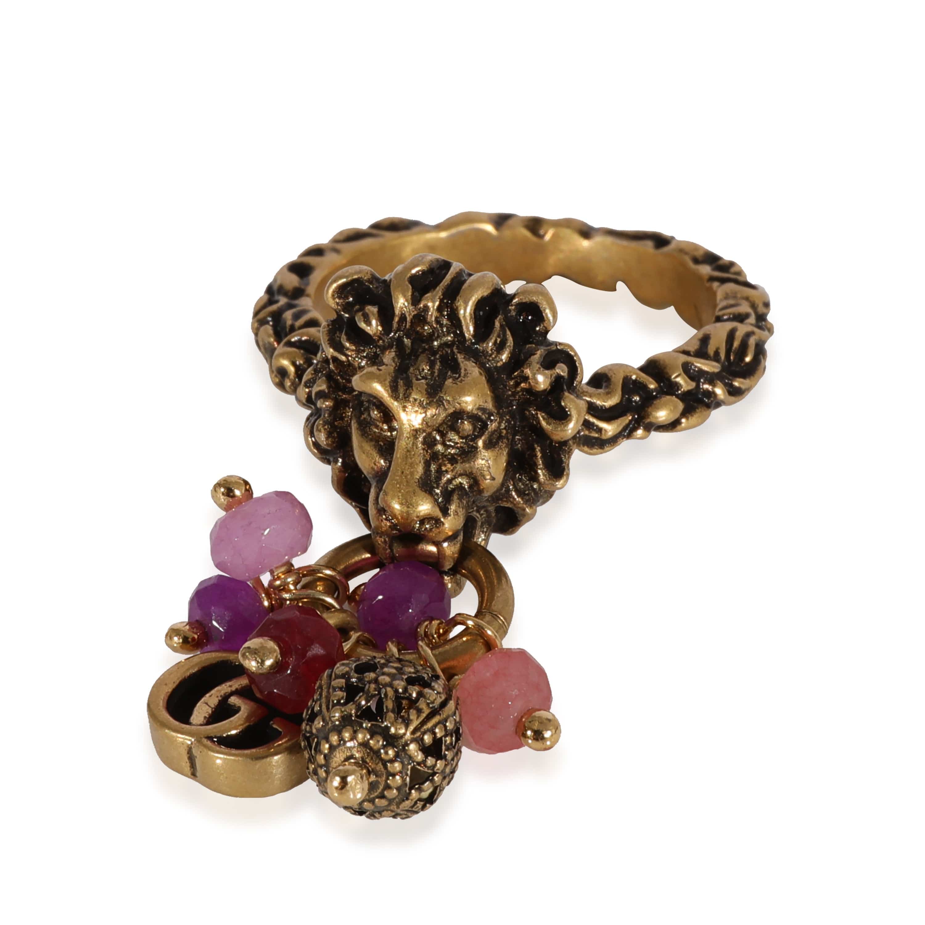 Gucci Gucci Brass Tone Lion Head & Beaded Charm Ring with Marmot GG