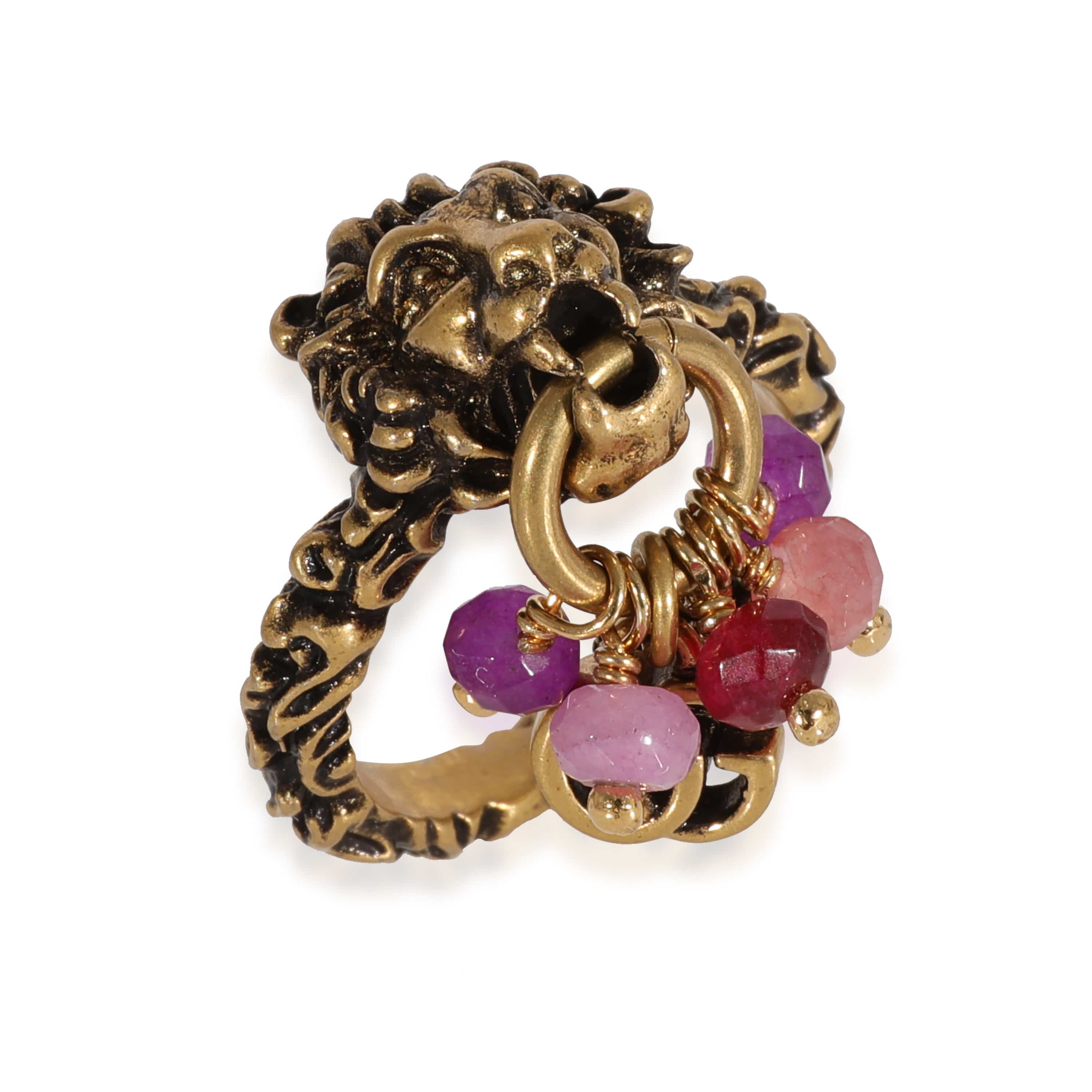 Gucci Gucci Brass Tone Lion Head & Beaded Charm Ring with Marmot GG