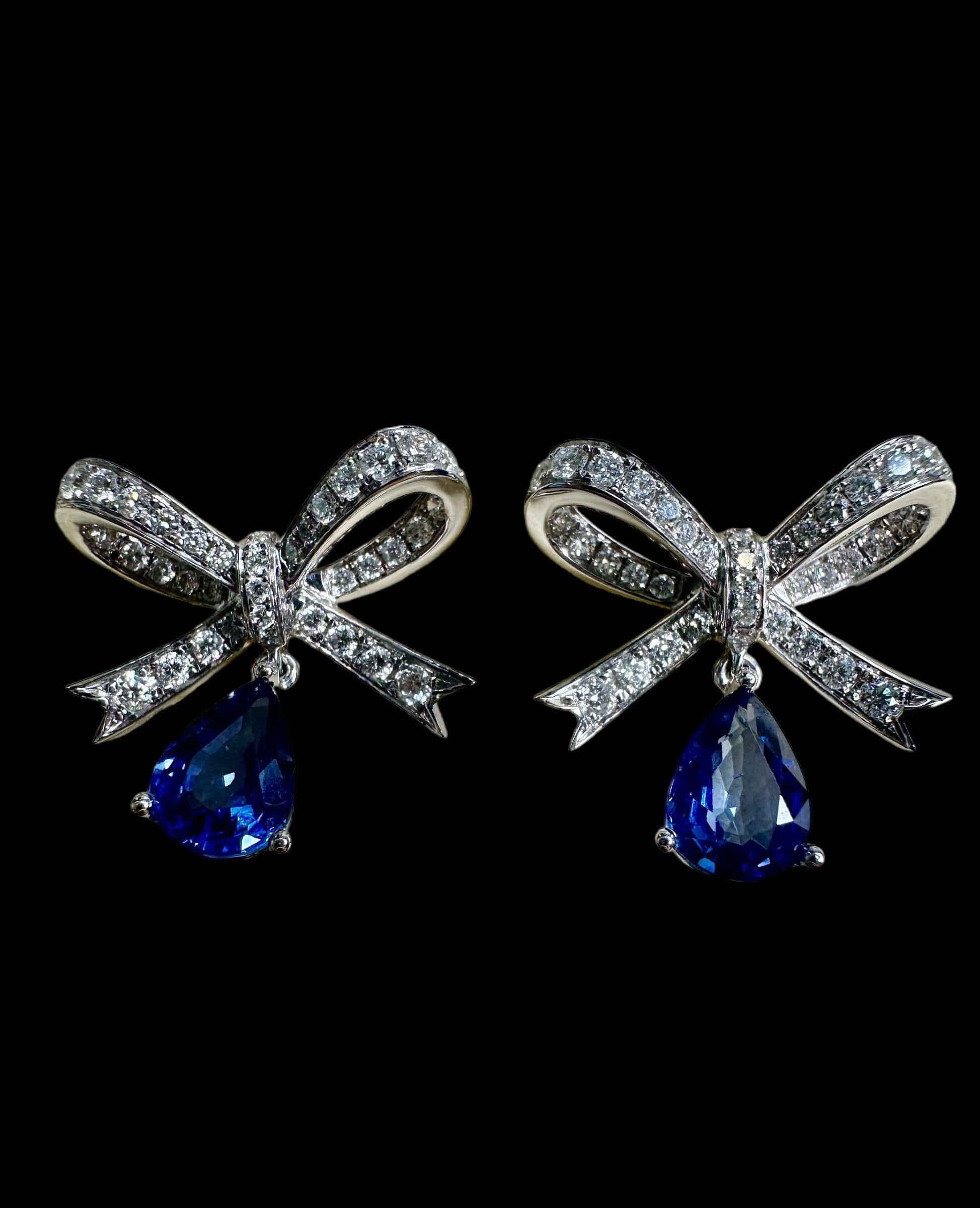 GX Natural blue sapphire drop & diamond bow earrings