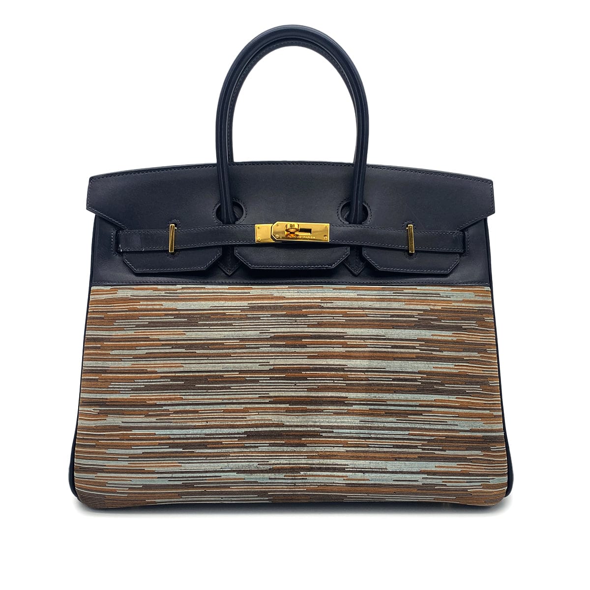 Hemrès HERMES BIRKIN 35 BLUE INDIGO MULTICOLOR BOX CALF VIBRATO HAND BAG 2005 SQUARE I GOLD HARDWARE 90325604