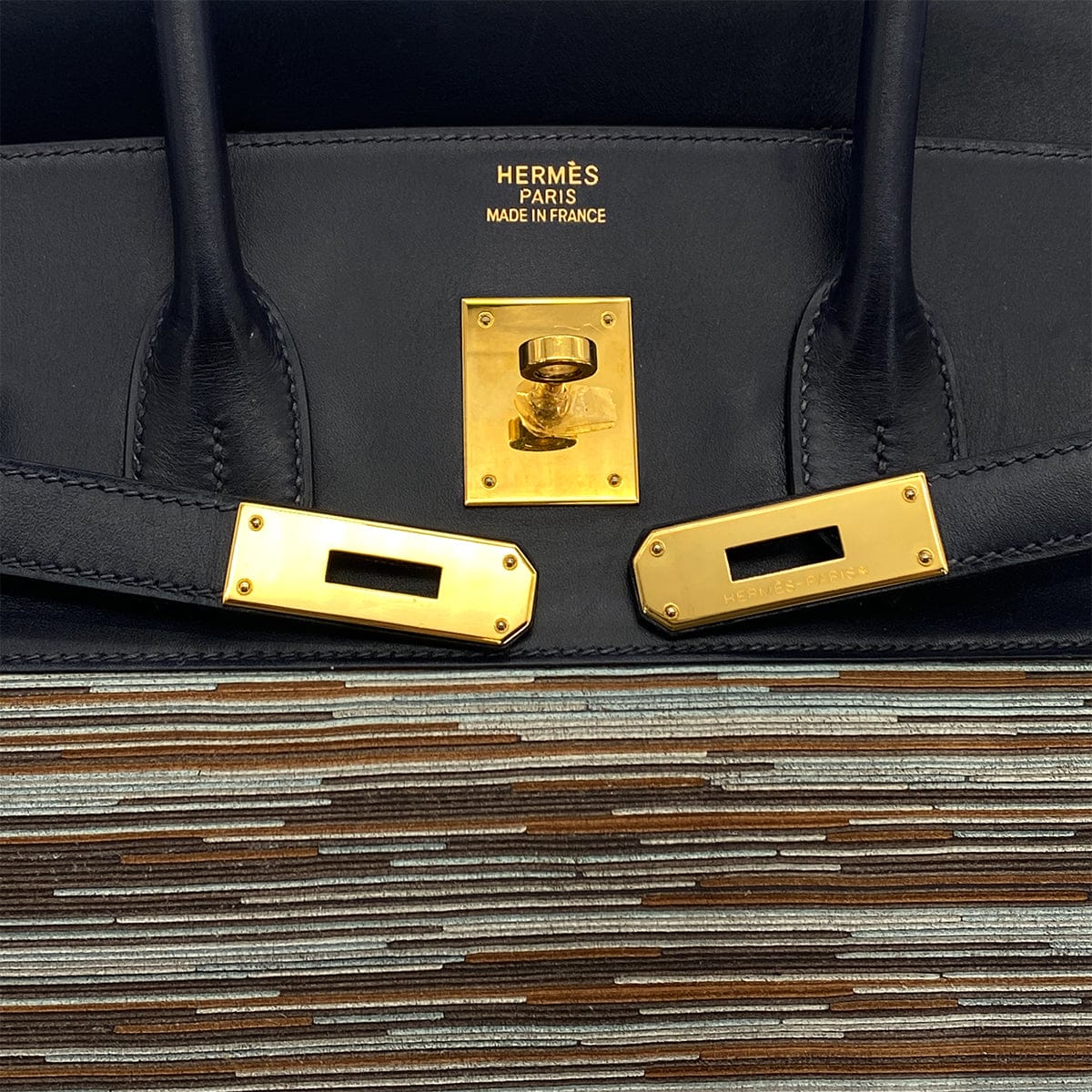 Hemrès HERMES BIRKIN 35 BLUE INDIGO MULTICOLOR BOX CALF VIBRATO HAND BAG 2005 SQUARE I GOLD HARDWARE 90325604